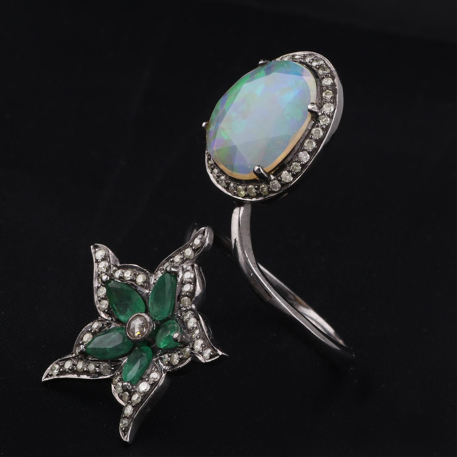 Round Cut Victorian Style Diamond Silver Emerald & Ethiopian Opal Star Cocktail Ring For Sale