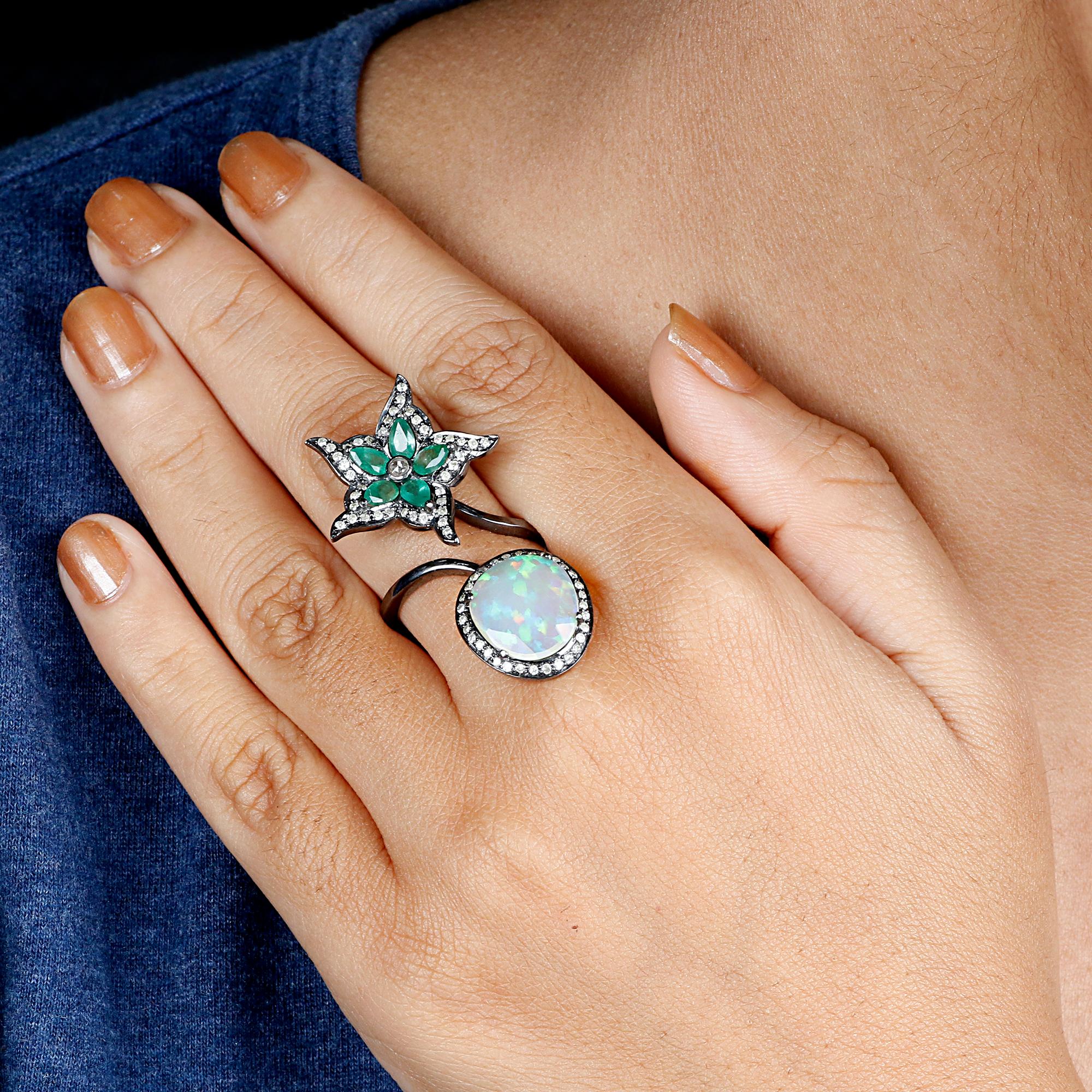 Victorian Style Diamond Silver Emerald & Ethiopian Opal Star Cocktail Ring For Sale 1