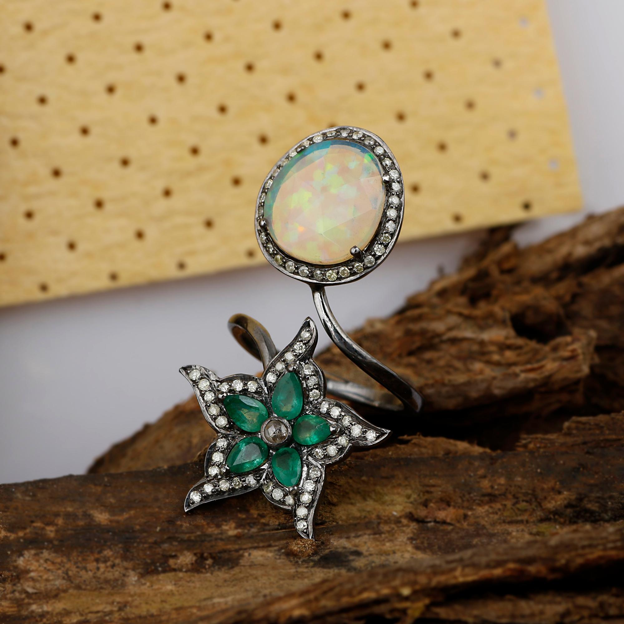 Victorian Style Diamond Silver Emerald & Ethiopian Opal Star Cocktail Ring For Sale 2