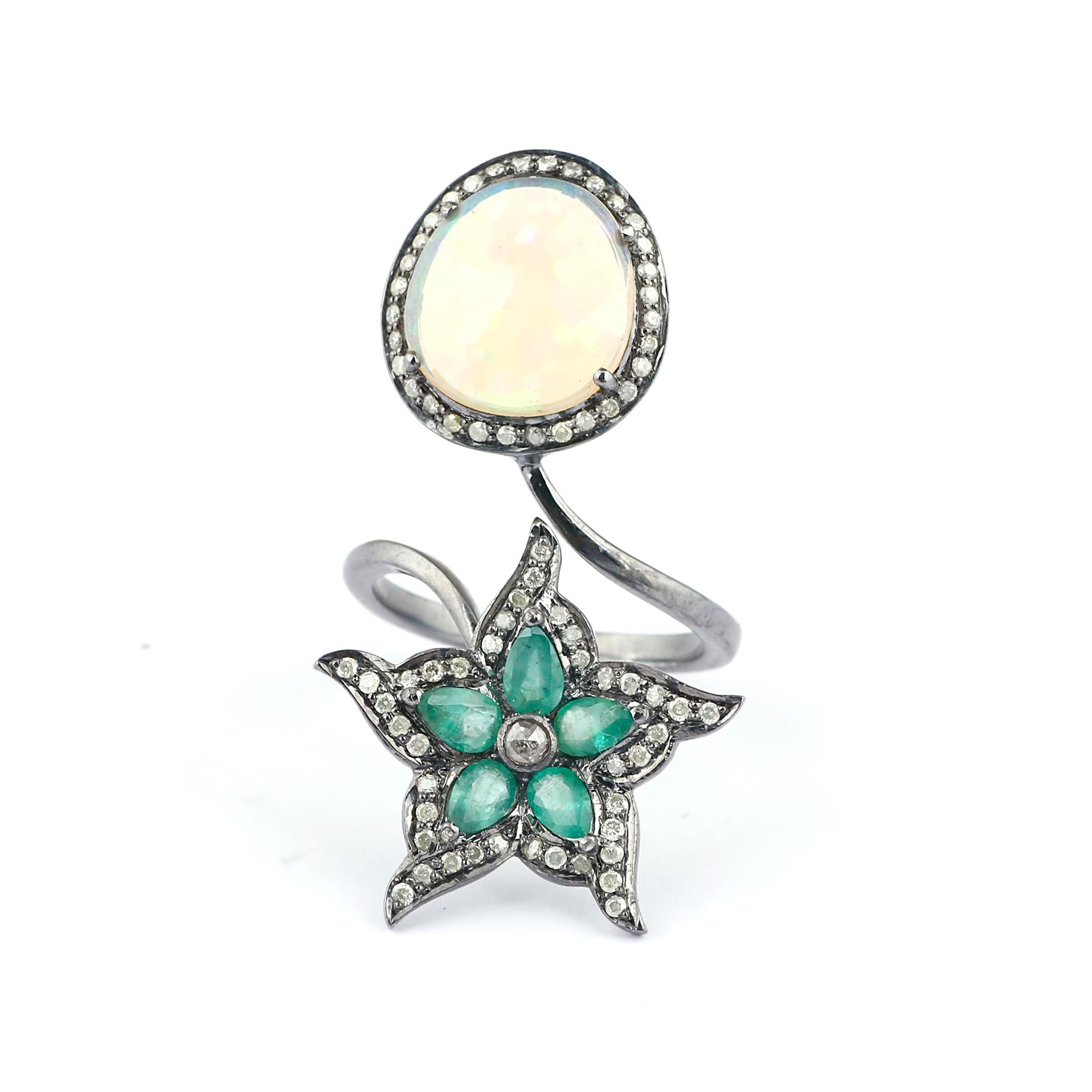 Victorian Style Diamond Silver Emerald & Ethiopian Opal Star Cocktail Ring For Sale 3