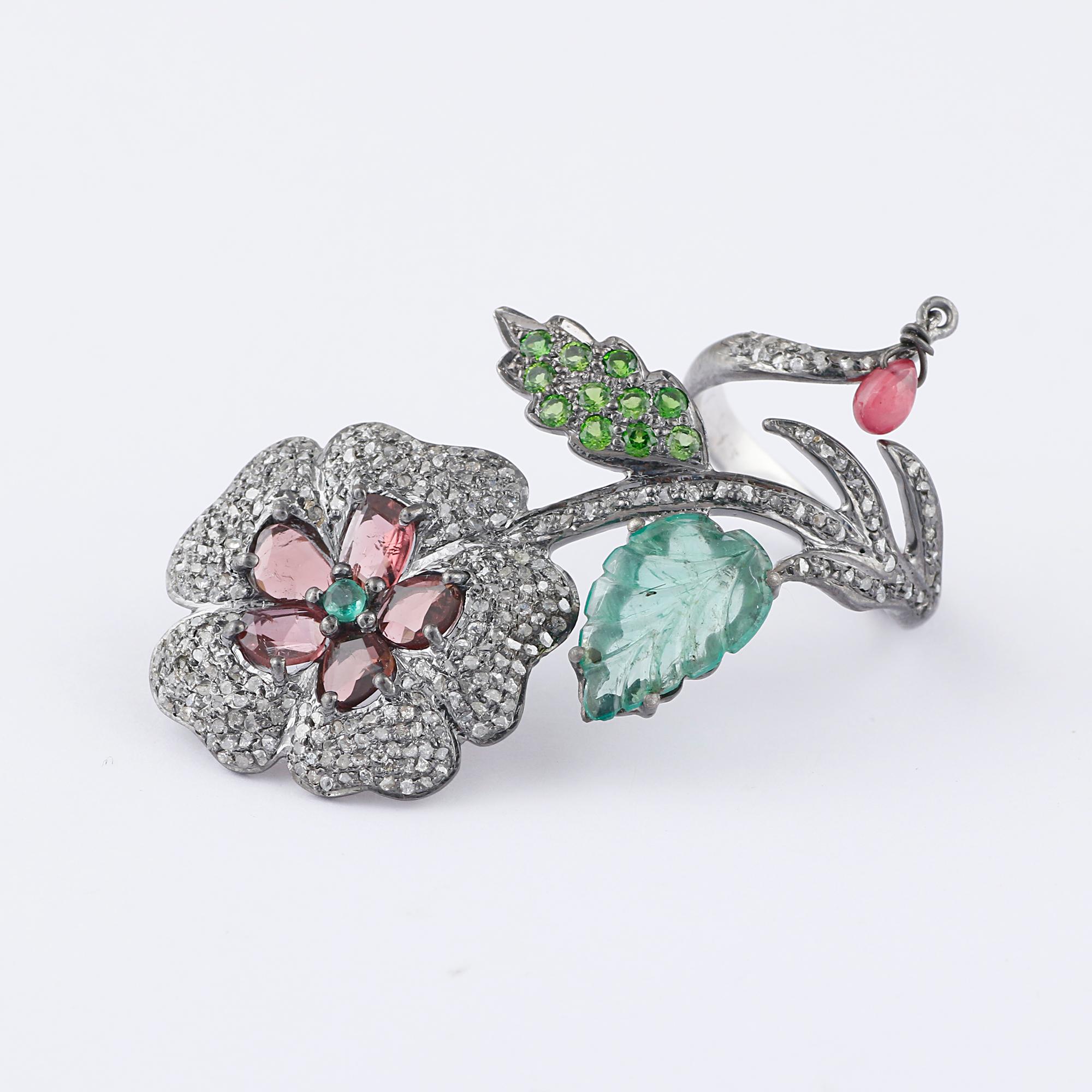 Women's Victorian Style Diamond Silver Emerald & Tsavorite Floral Cocktail Ring For Sale