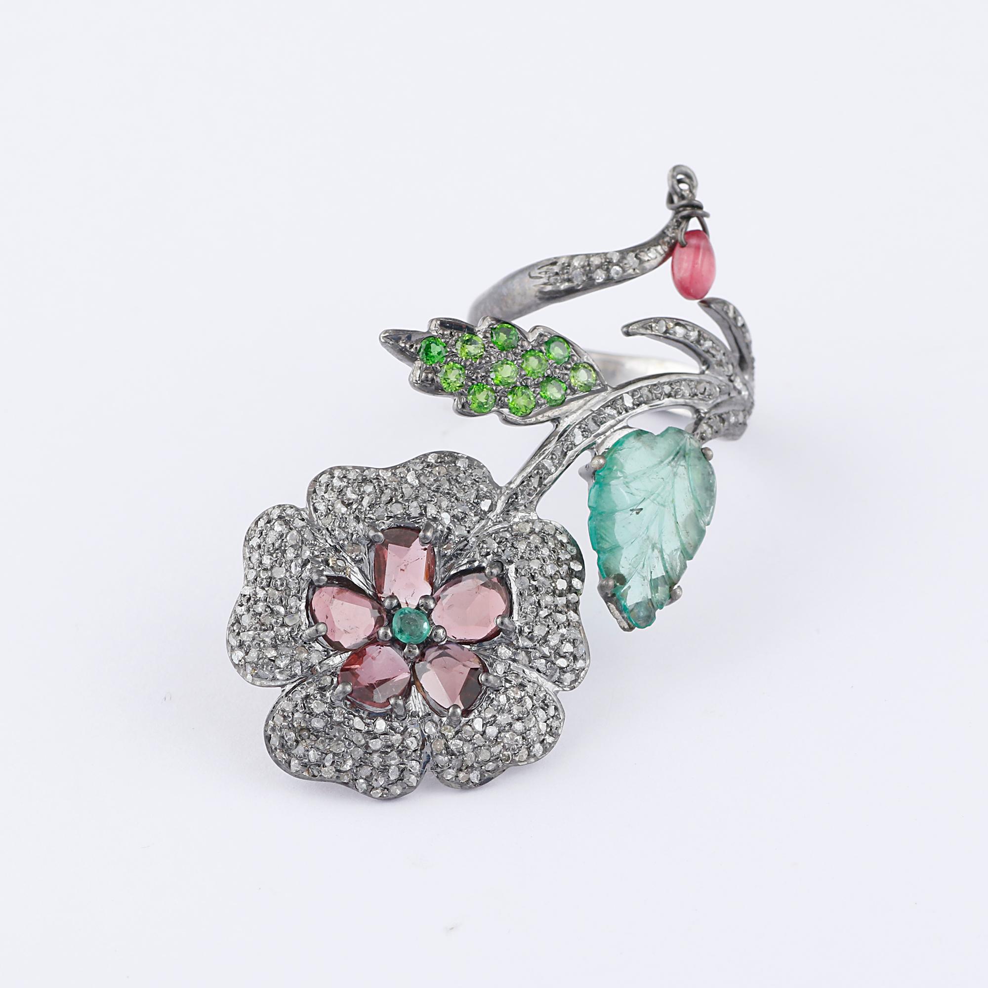 Victorian Style Diamond Silver Emerald & Tsavorite Floral Cocktail Ring For Sale 1