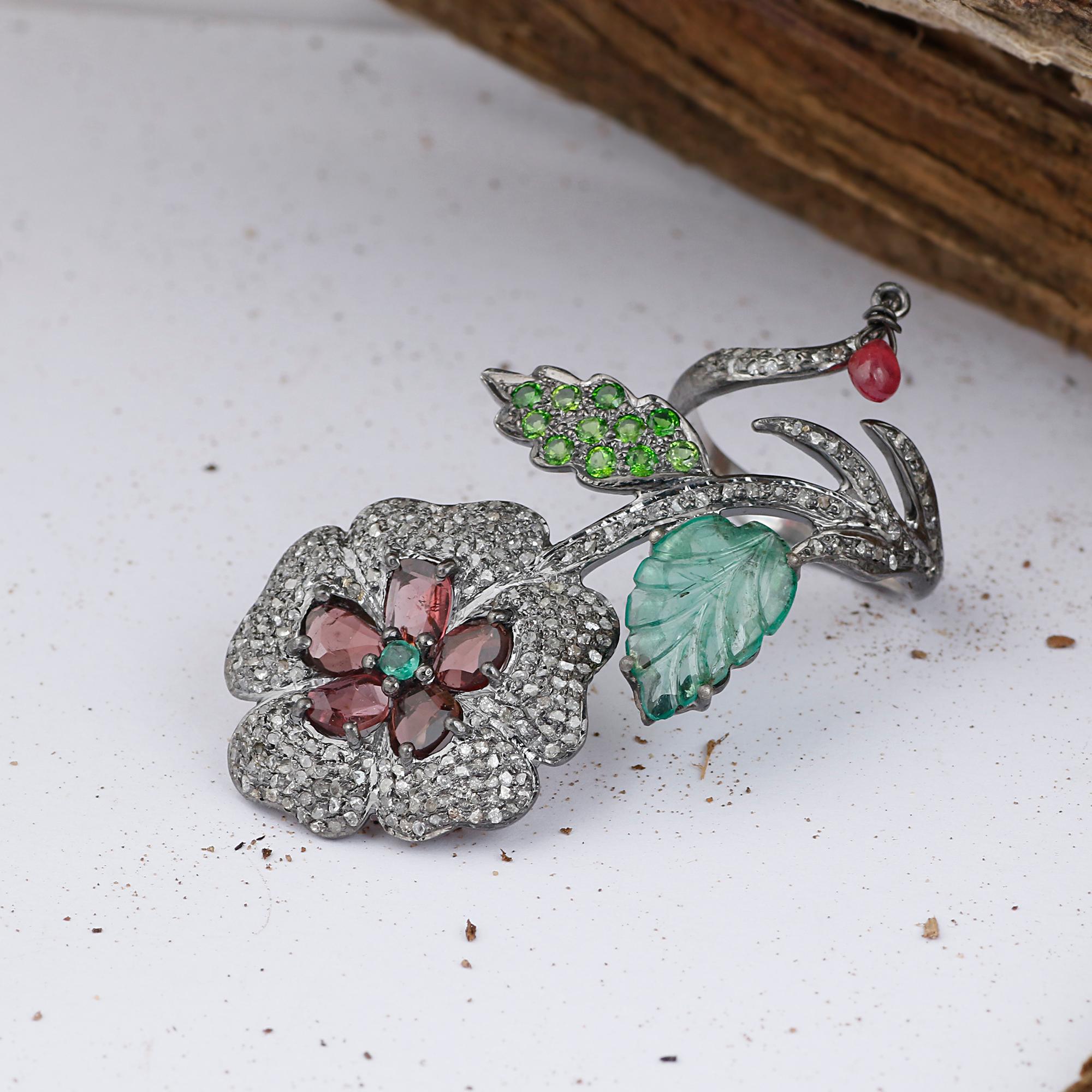 Victorian Style Diamond Silver Emerald & Tsavorite Floral Cocktail Ring For Sale 2