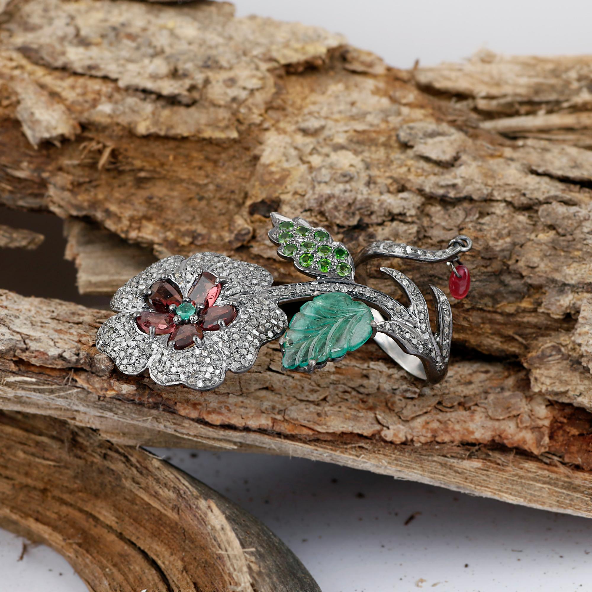 Victorian Style Diamond Silver Emerald & Tsavorite Floral Cocktail Ring For Sale 4
