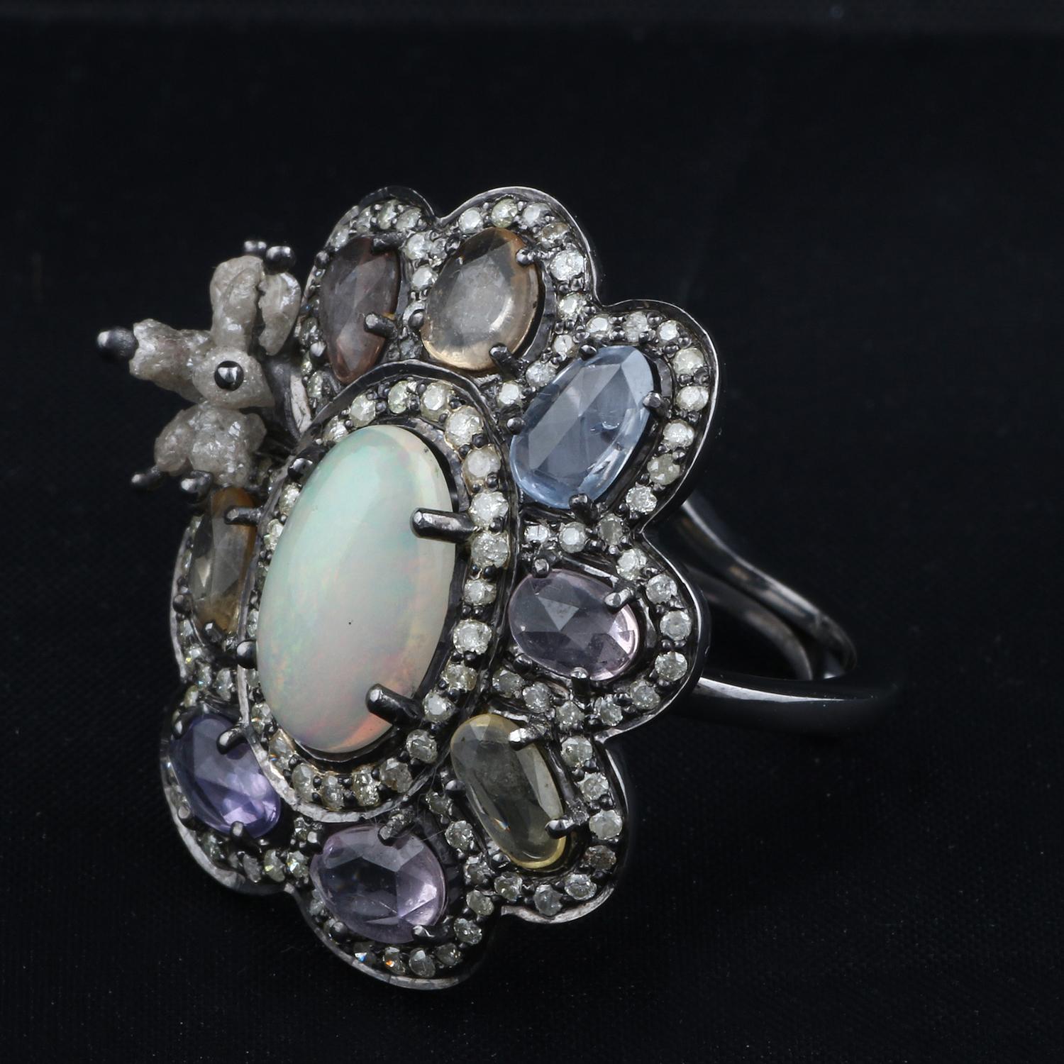 Round Cut Victorian Style Diamond Silver Ethiopian Opal, Multi Sapphire Cocktail Ring For Sale