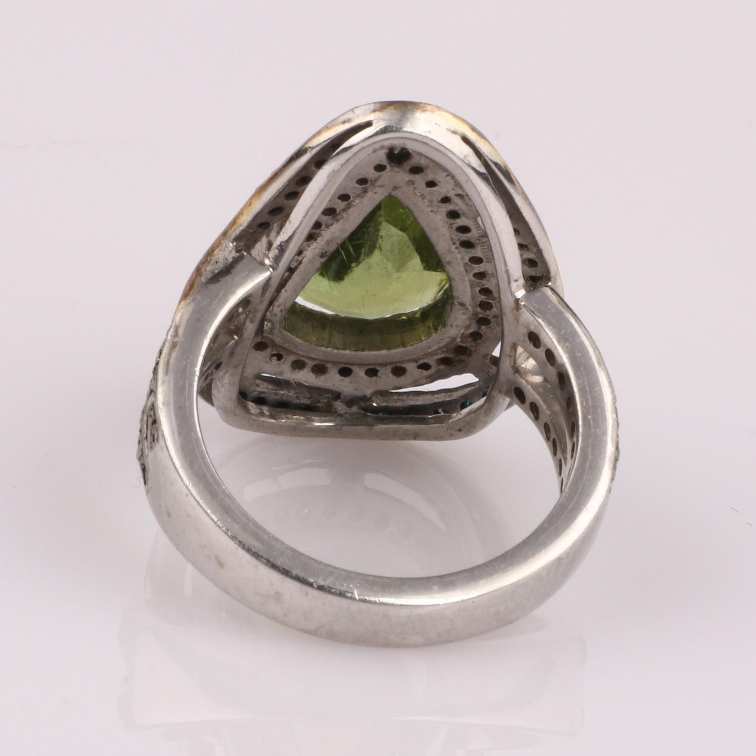 Round Cut Victorian Style Diamond Silver Green Peridot Cocktail Engagement Ring For Sale