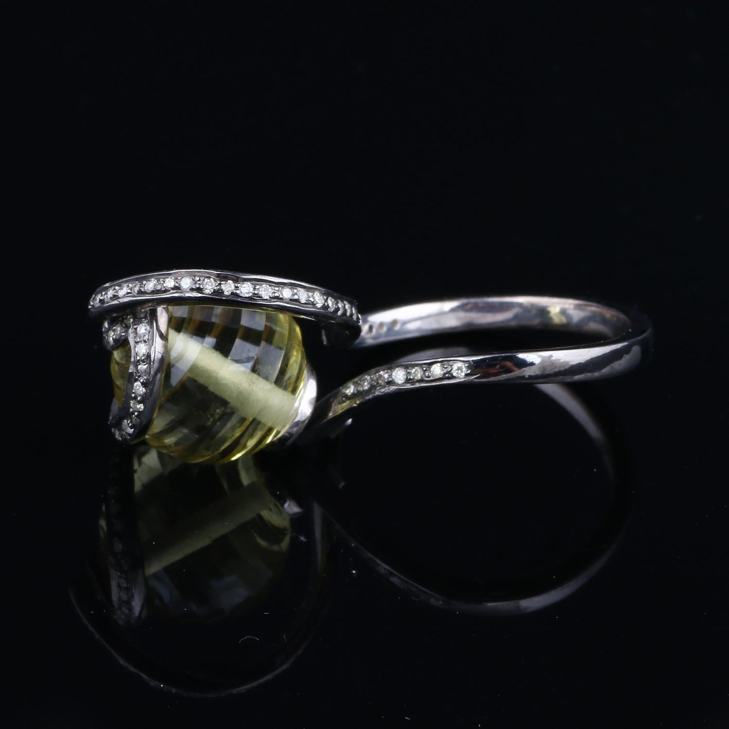 Round Cut Victorian Style Diamond Silver Lemon Quartz Cocktail Engagement Finger Ring For Sale