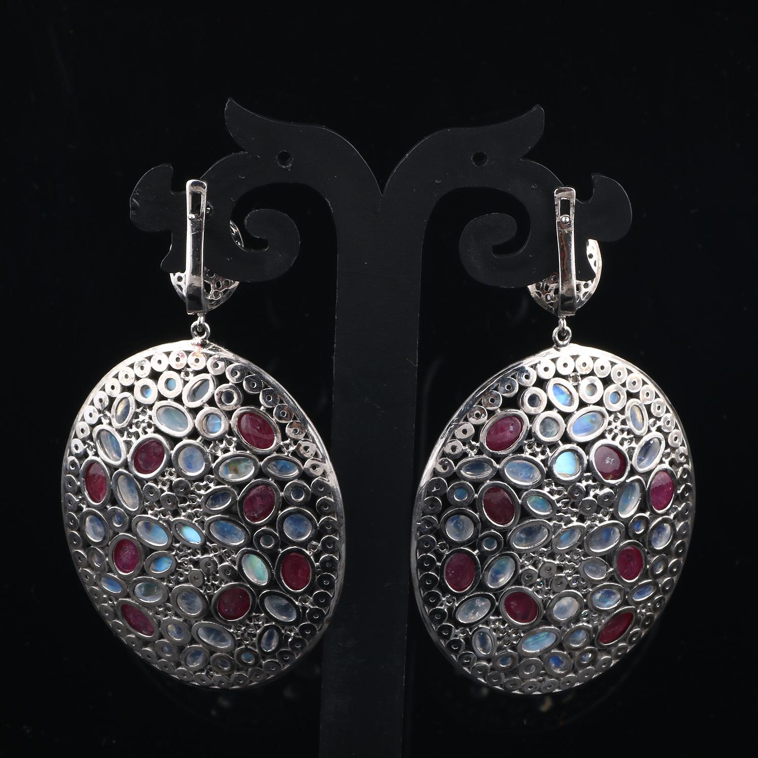 Round Cut Victorian Style Diamond Silver Moonstone, Pink Tourmaline Dangle Earrings For Sale