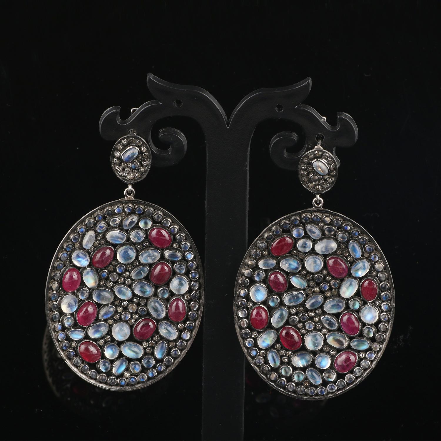 Victorian Style Diamond Silver Moonstone, Pink Tourmaline Dangle Earrings In New Condition For Sale In Jaipur, RJ