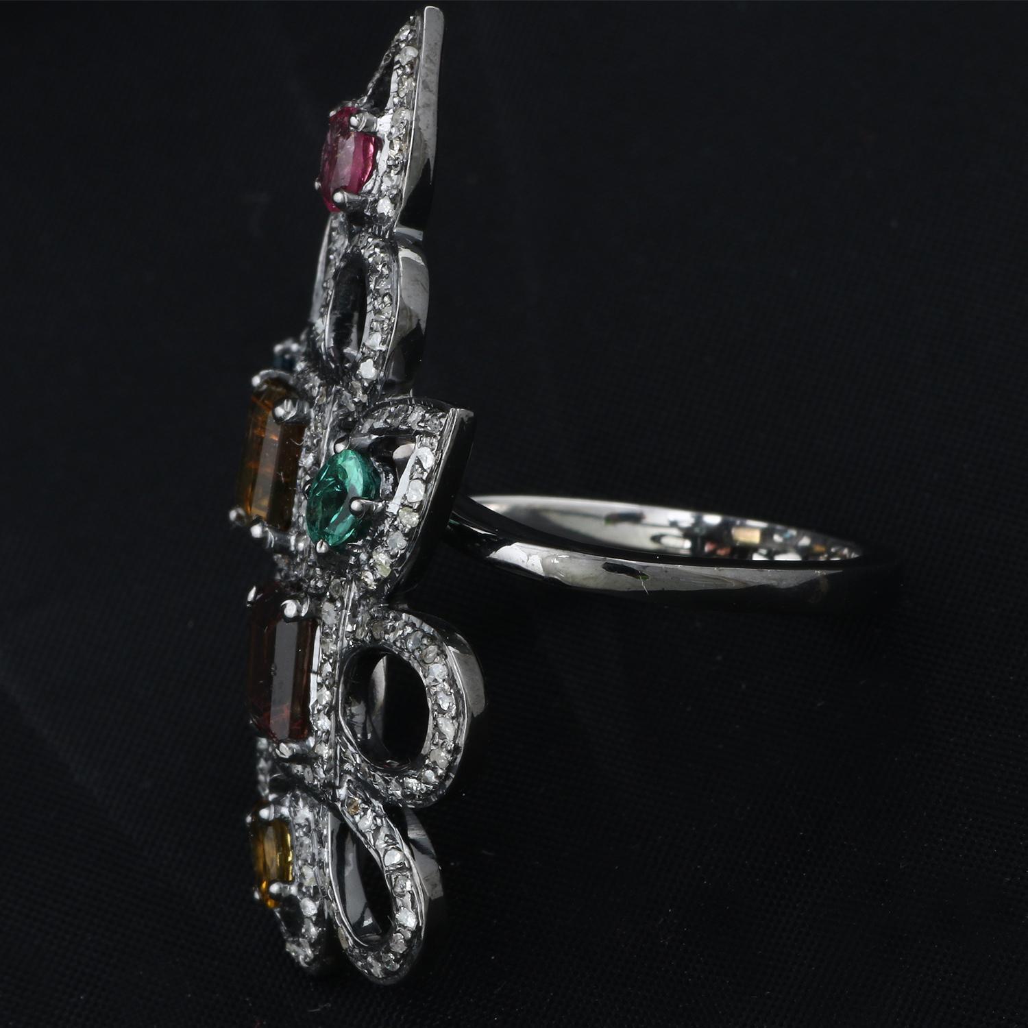 Round Cut Victorian Style Diamond Silver Multi Color Tourmaline Wedding Cocktail Ring For Sale