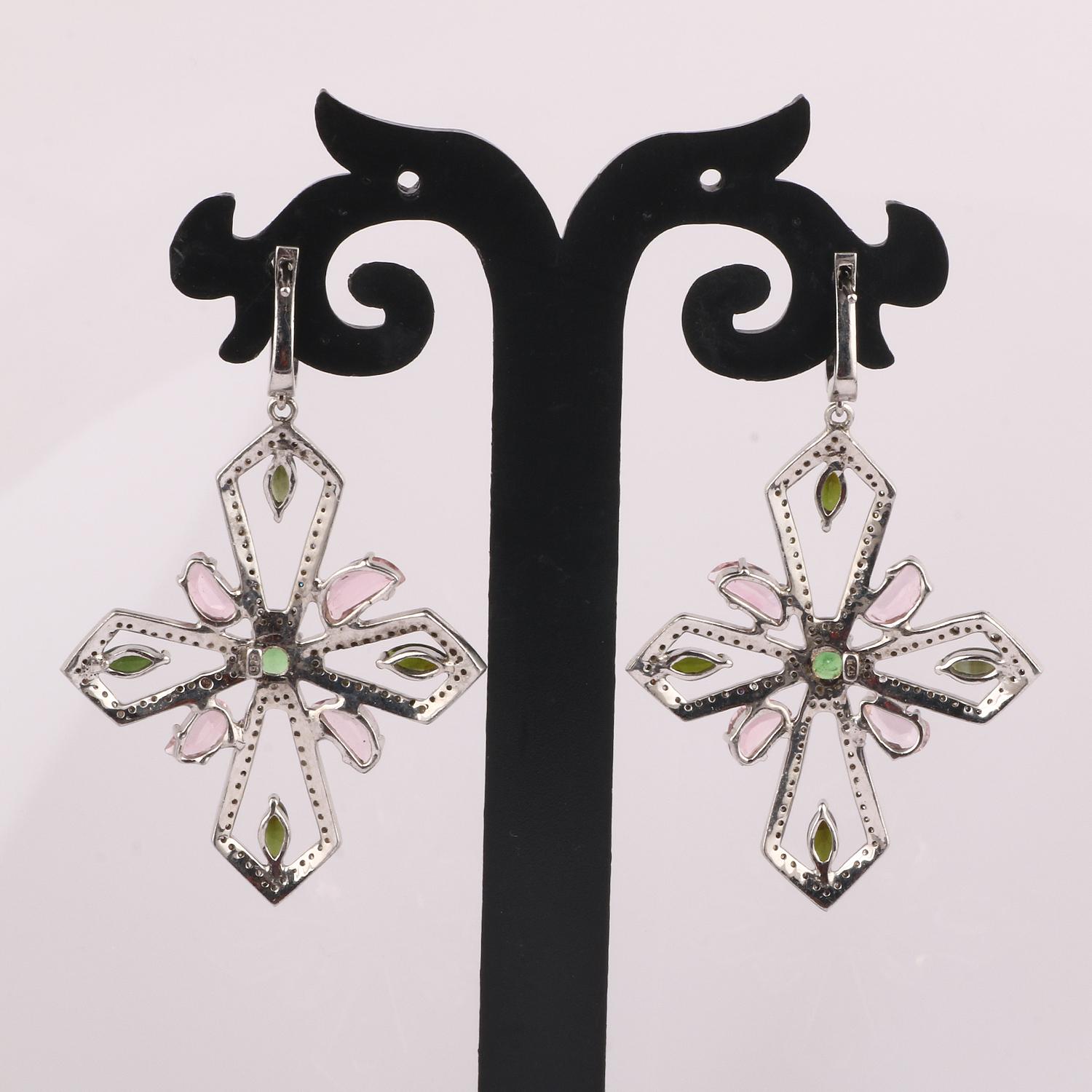 Round Cut Victorian Style Diamond Silver Multi Gemstone Floral Dangle Earrings, 60X38 For Sale
