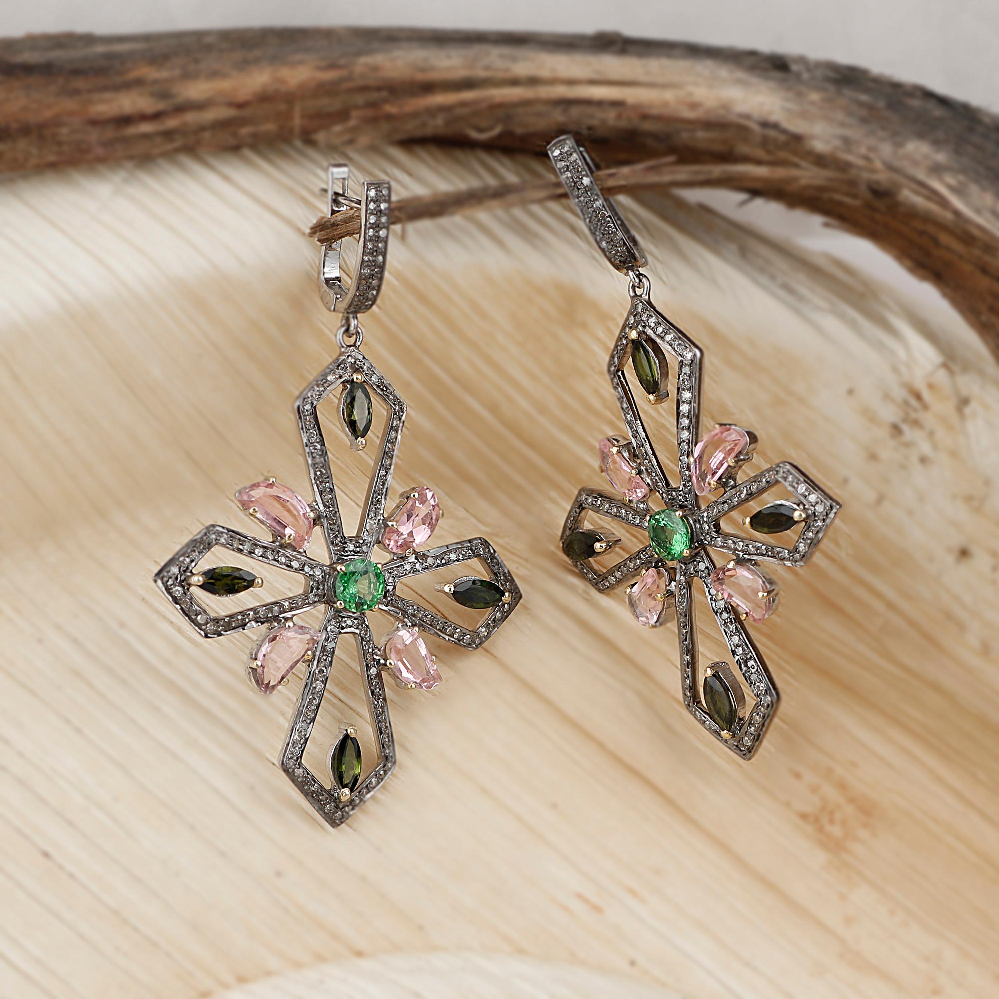 Victorian Style Diamond Silver Multi Gemstone Floral Dangle Earrings, 60X38 In New Condition For Sale In Jaipur, RJ