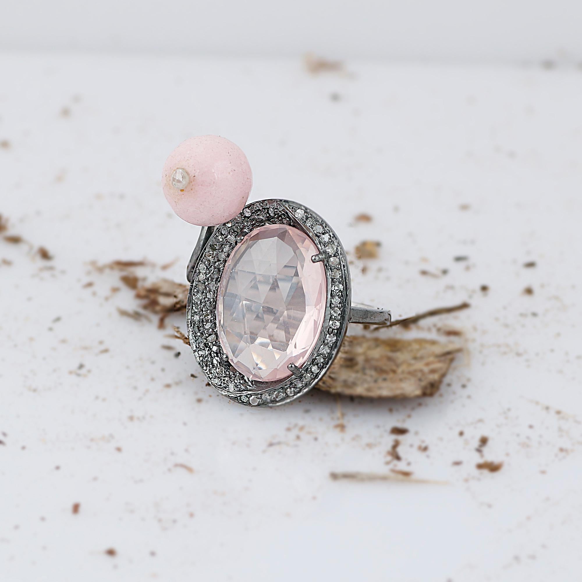 Victorian Style Diamond Silver Rose Quartz Opal Cocktail Anniversary Ring For Sale 5