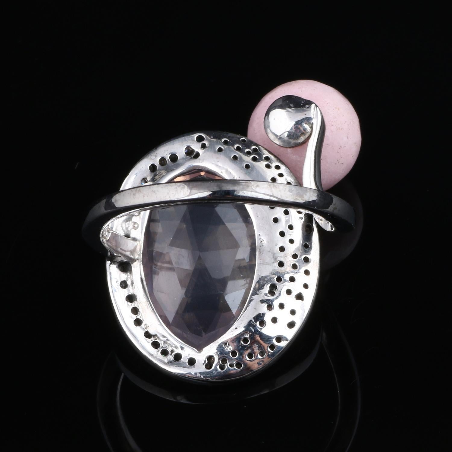 Round Cut Victorian Style Diamond Silver Rose Quartz Opal Cocktail Anniversary Ring For Sale