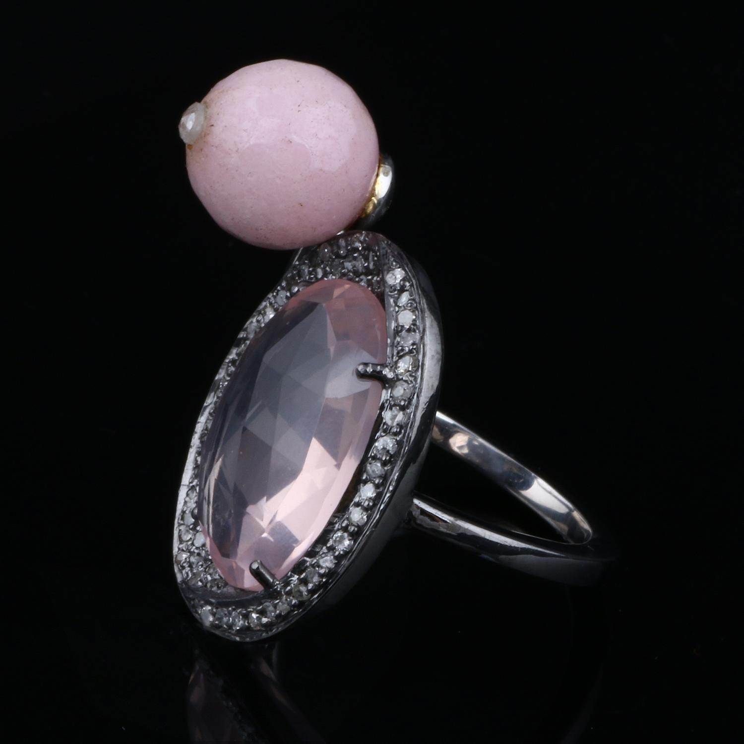 Victorian Style Diamond Silver Rose Quartz Opal Cocktail Anniversary Ring In New Condition For Sale In Jaipur, RJ
