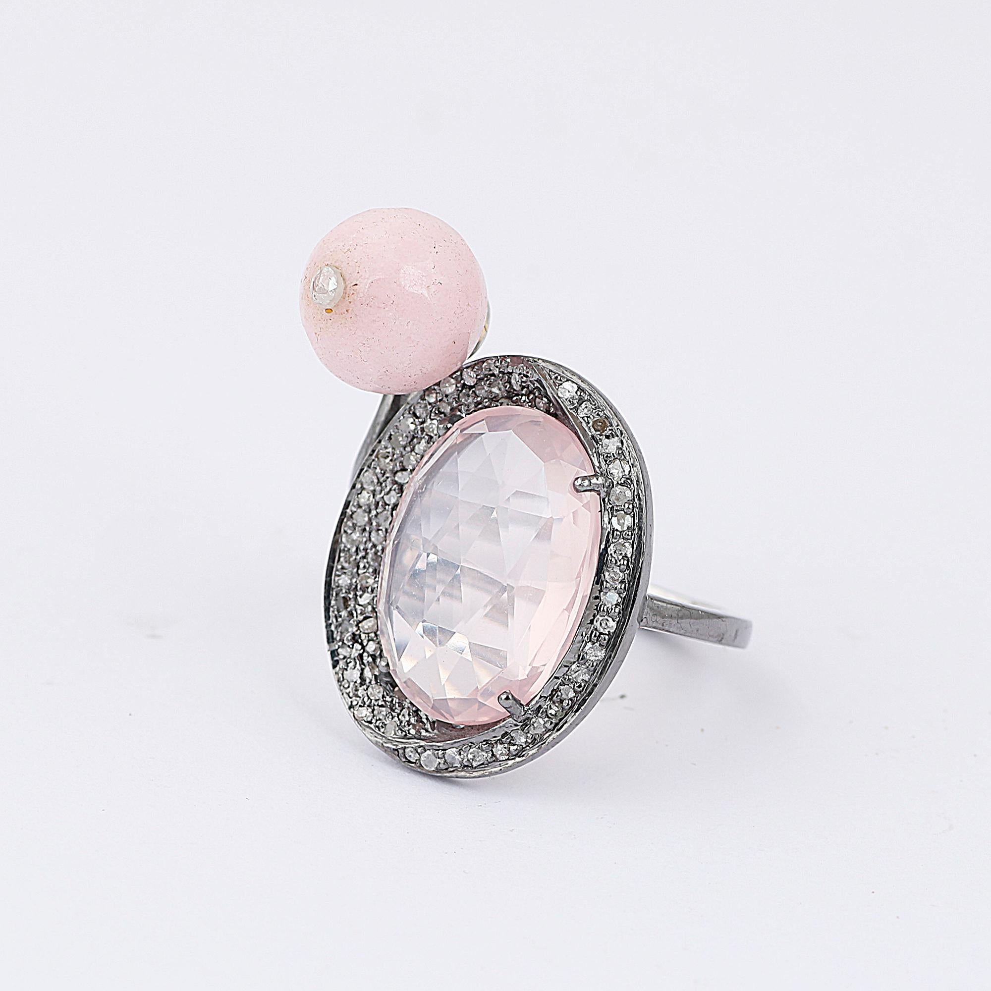 Women's Victorian Style Diamond Silver Rose Quartz Opal Cocktail Anniversary Ring For Sale