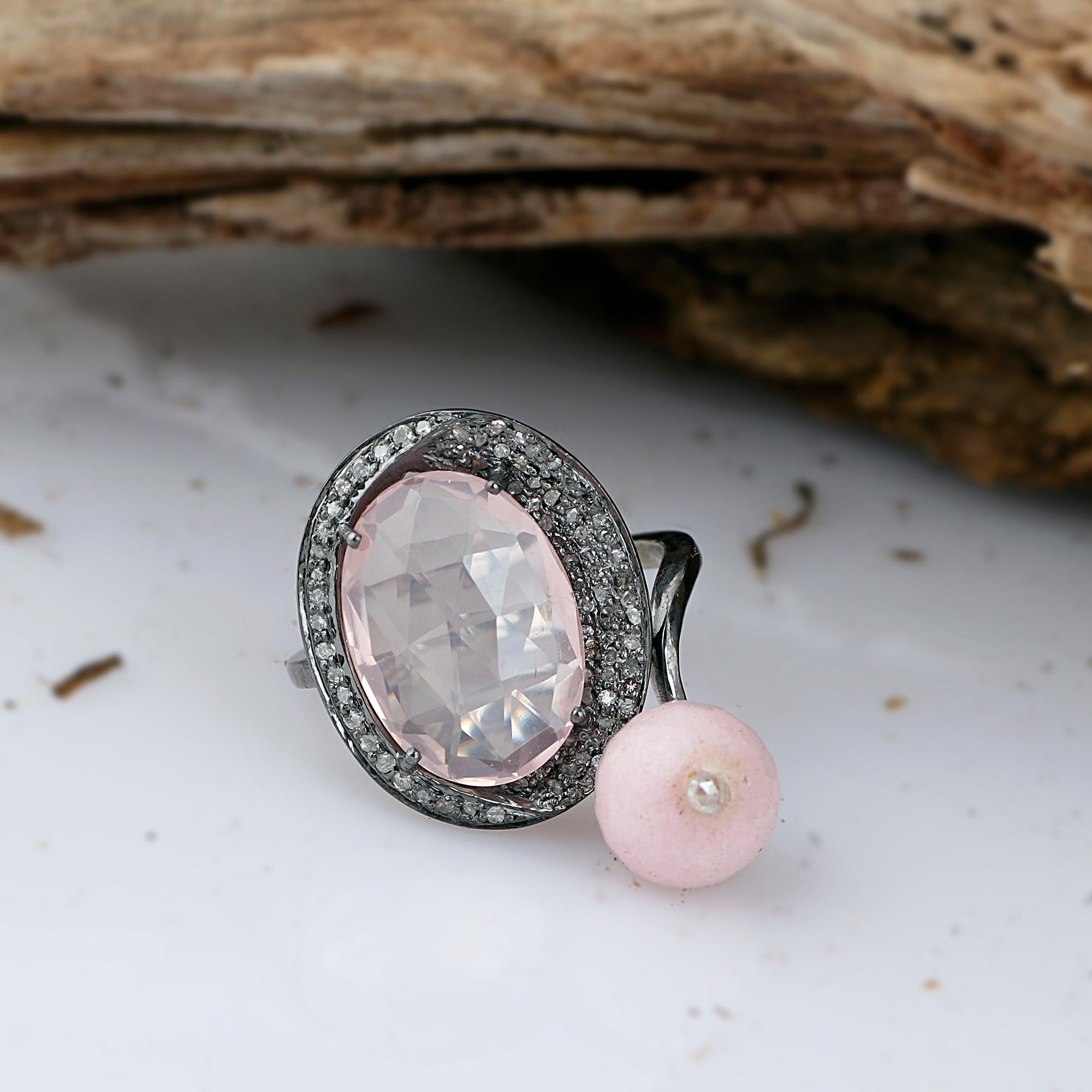 Victorian Style Diamond Silver Rose Quartz Opal Cocktail Anniversary Ring For Sale 2