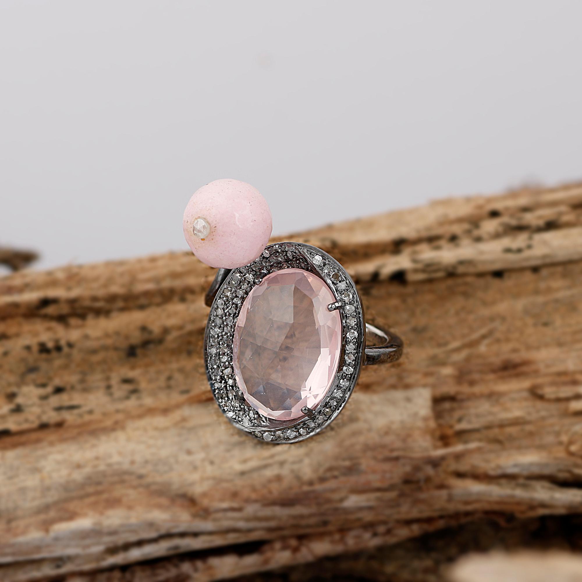 Victorian Style Diamond Silver Rose Quartz Opal Cocktail Anniversary Ring For Sale 3