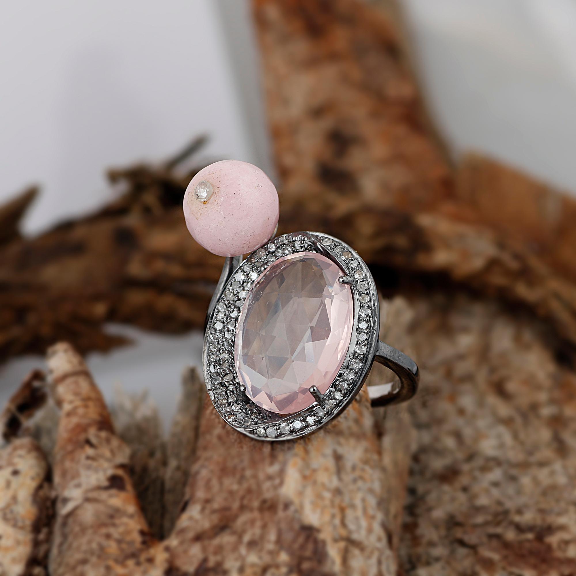 Victorian Style Diamond Silver Rose Quartz Opal Cocktail Anniversary Ring For Sale 4