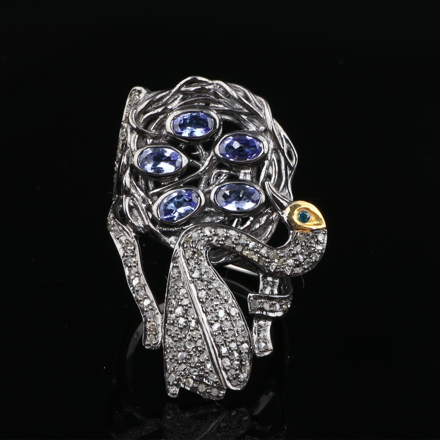 Women's Victorian Style Diamond Silver Tanzanite Swan Shape Cocktail Finger Ring For Sale