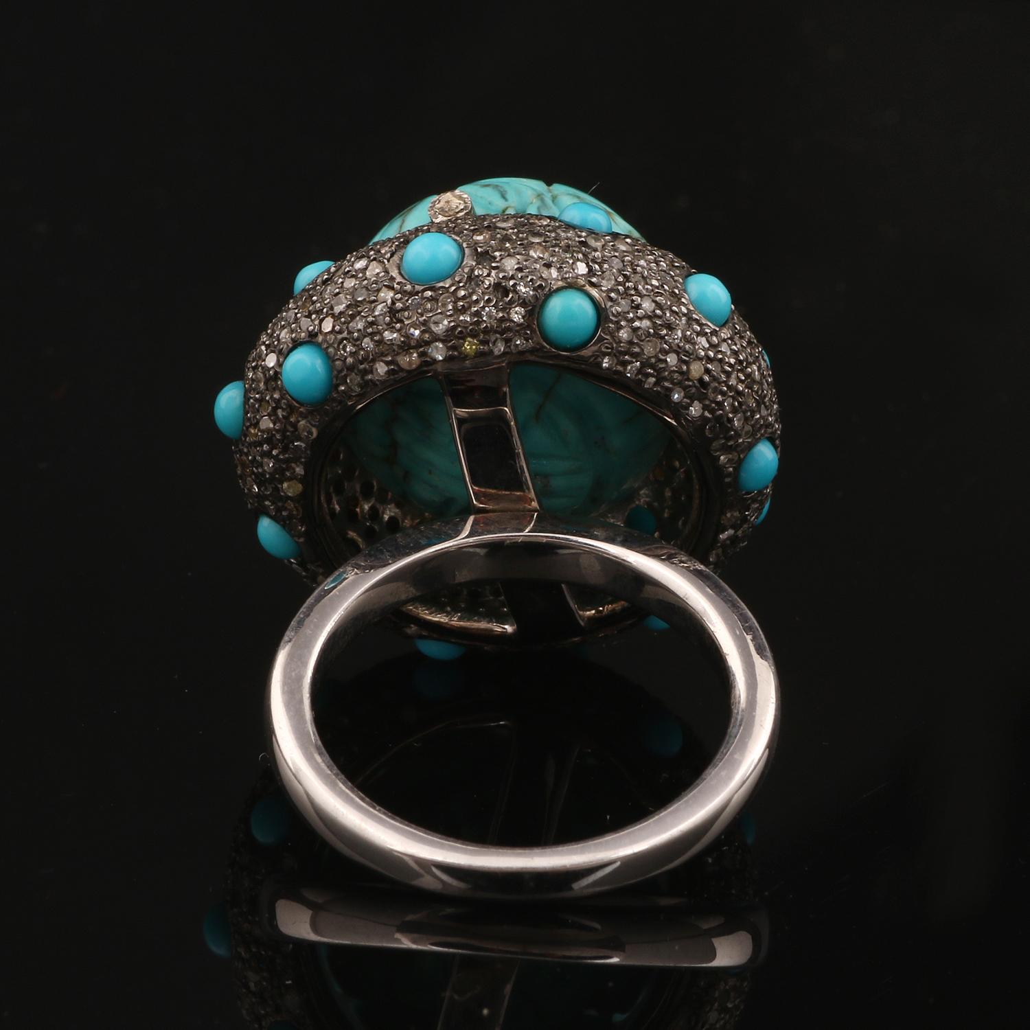 Round Cut Victorian Style Diamond Silver Turquoise Dome Cocktail Engagement Ring For Sale