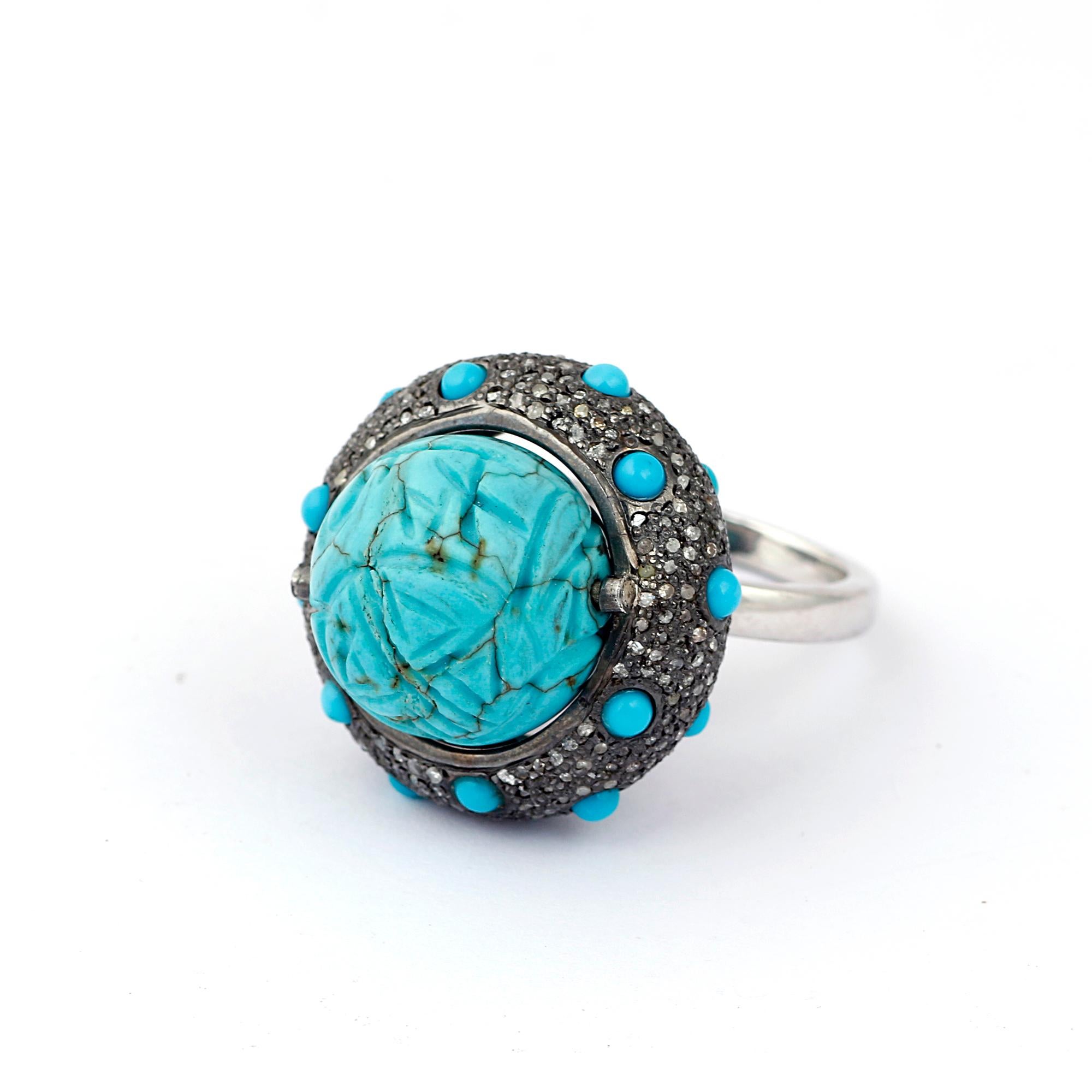 Women's Victorian Style Diamond Silver Turquoise Dome Cocktail Engagement Ring For Sale