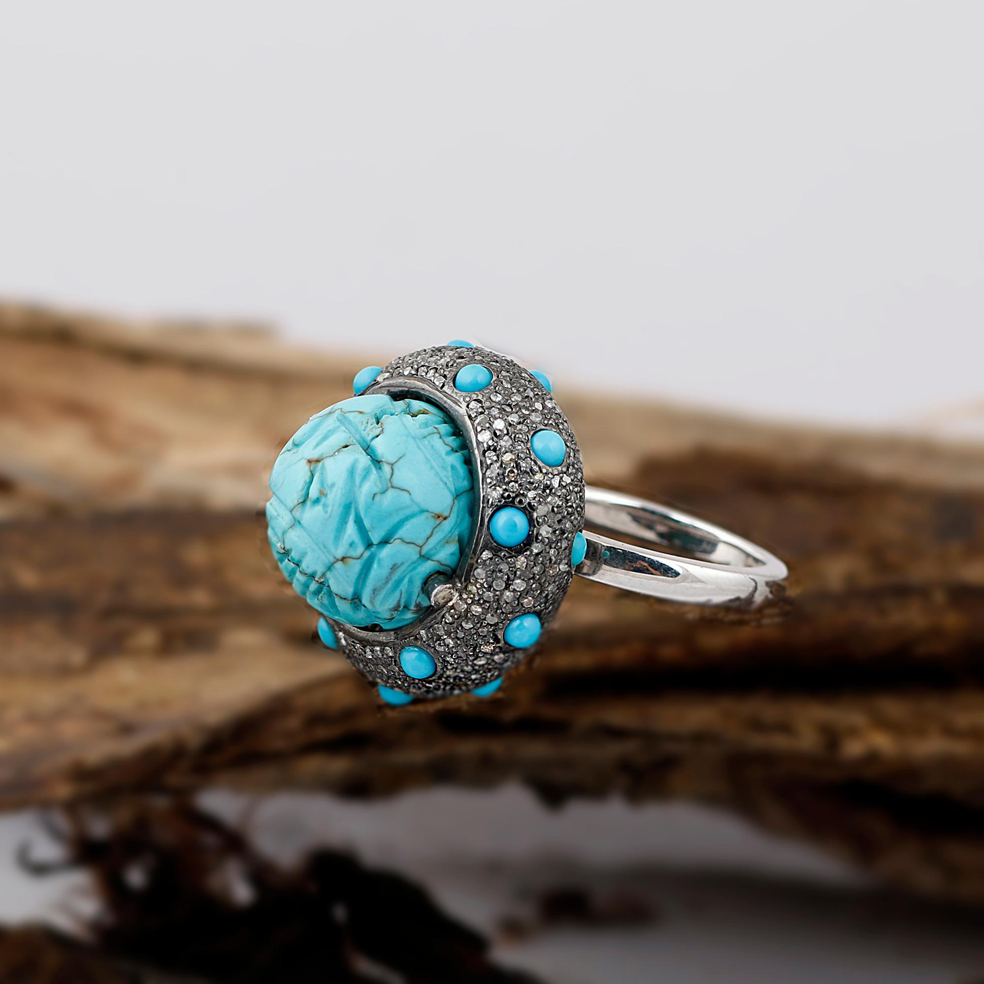 Victorian Style Diamond Silver Turquoise Dome Cocktail Engagement Ring For Sale 1