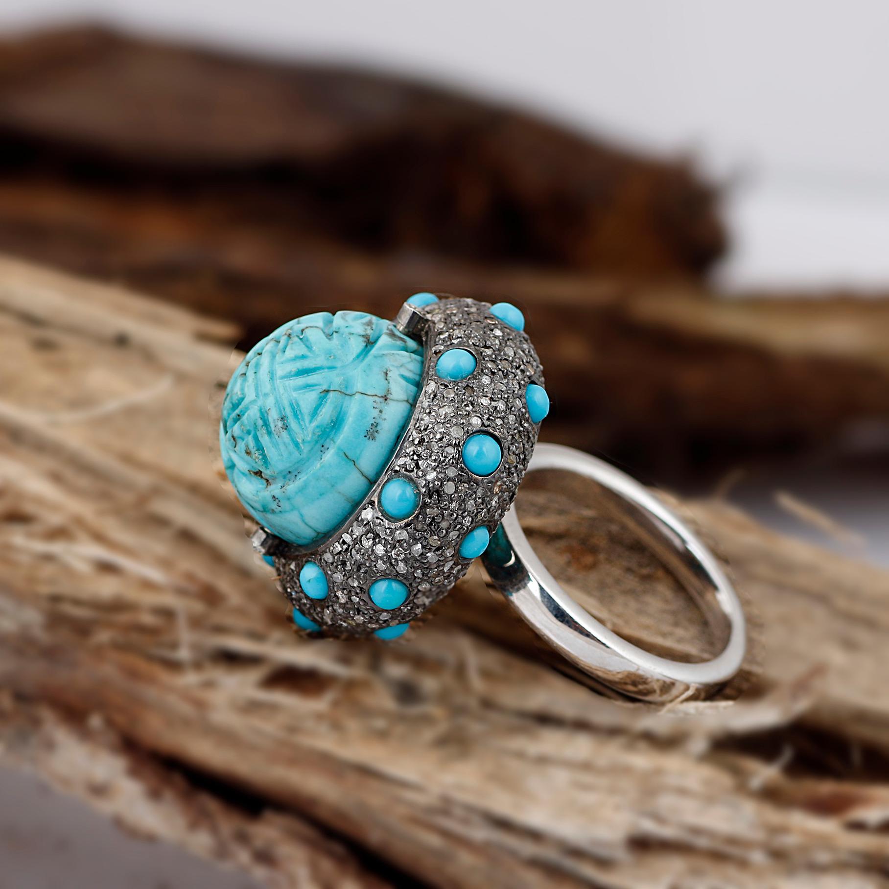 Victorian Style Diamond Silver Turquoise Dome Cocktail Engagement Ring For Sale 2