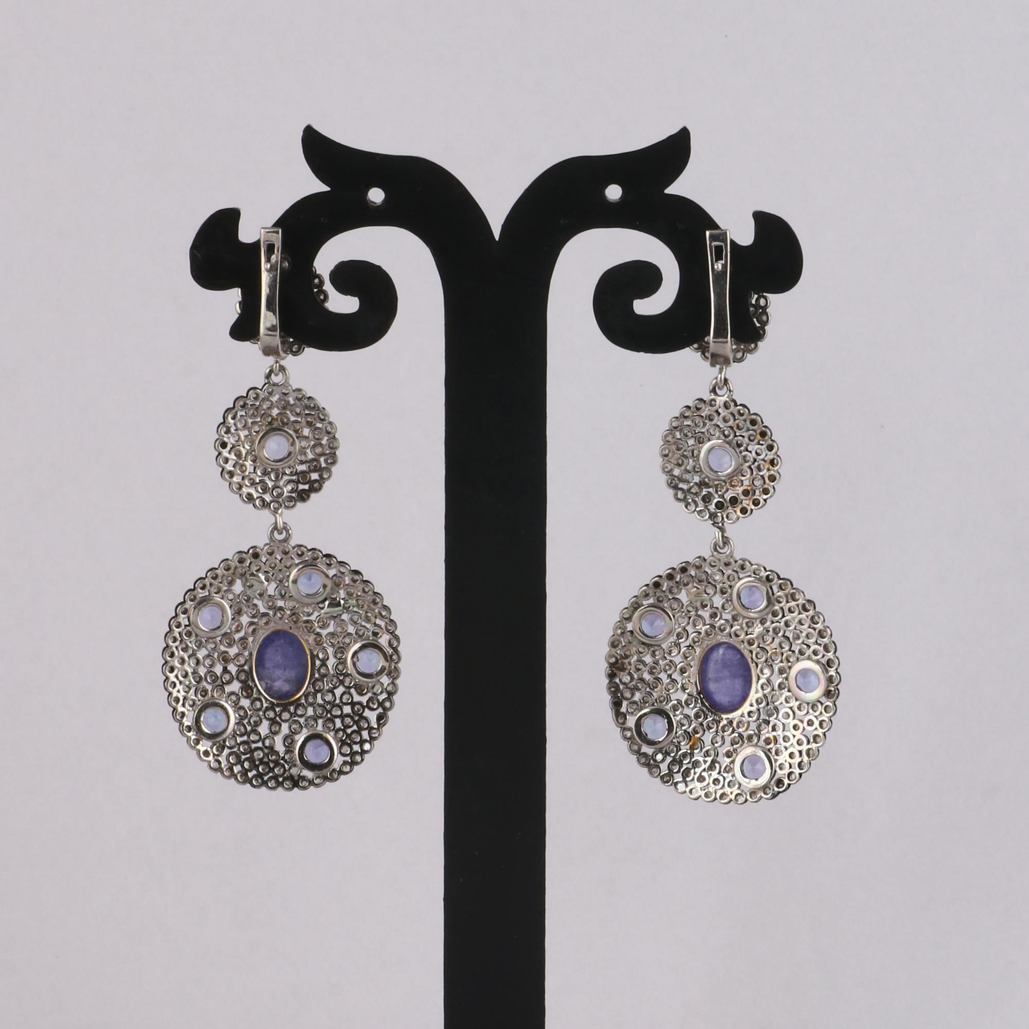 Round Cut Victorian Style Diamond & Tanzanite Silver Round Dangle Earrings For Sale