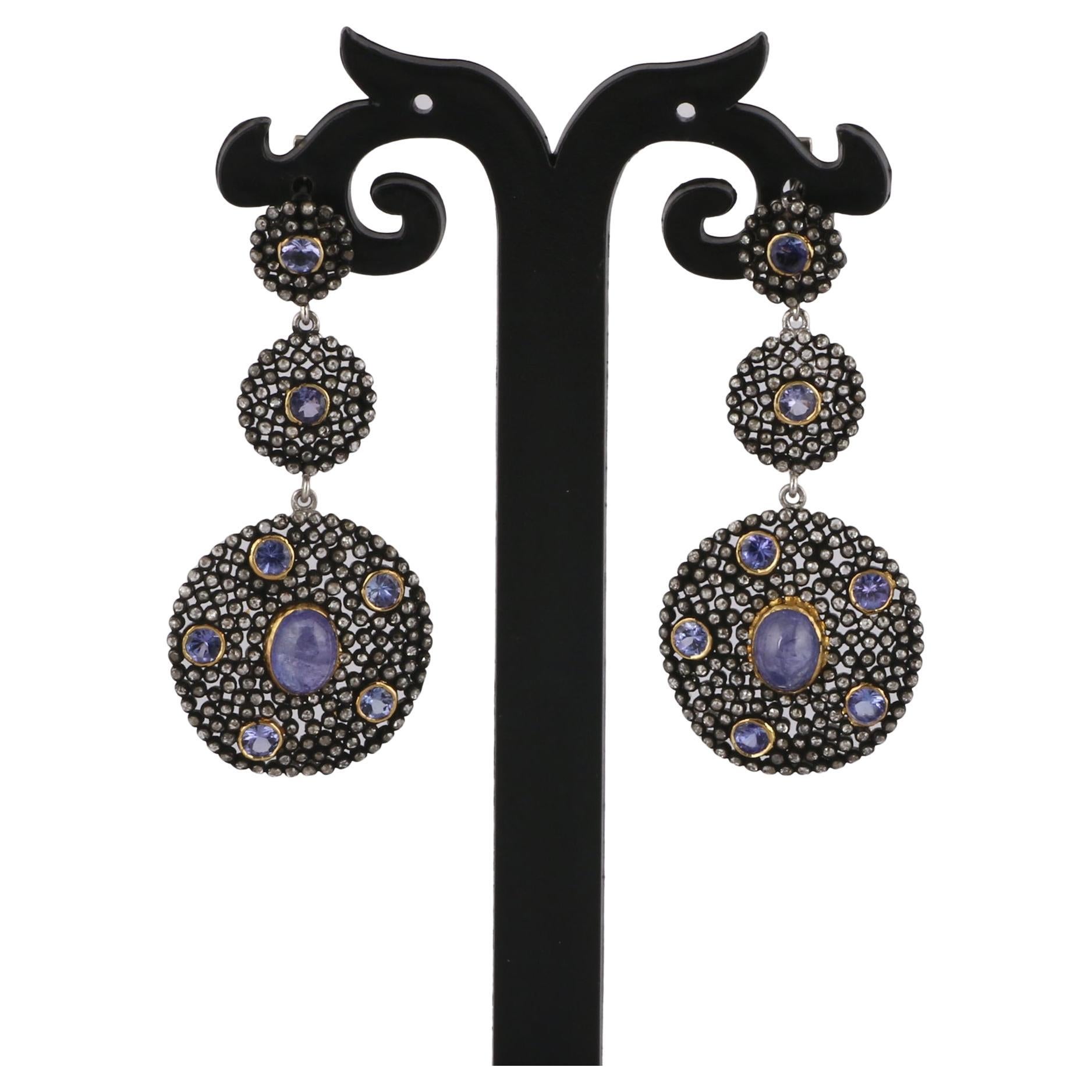 Victorian Style Diamond & Tanzanite Silver Round Dangle Earrings For Sale