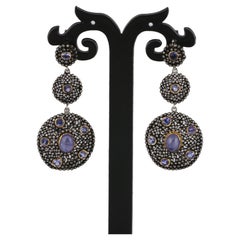Victorian Style Diamond & Tanzanite Silver Round Dangle Earrings