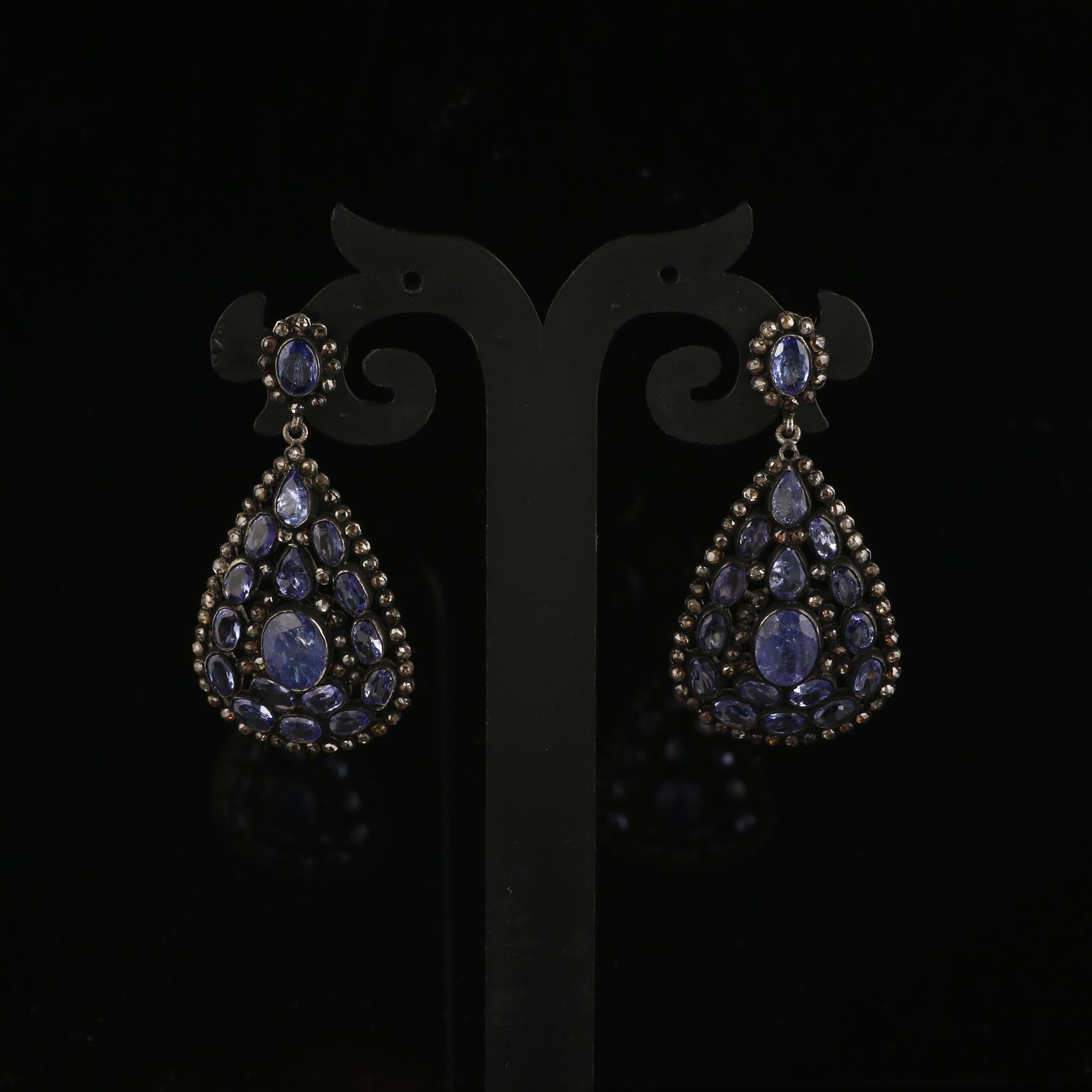 Round Cut Victorian Style Diamond & Tanzanite Wedding Party Silver Dangle Earrings For Sale