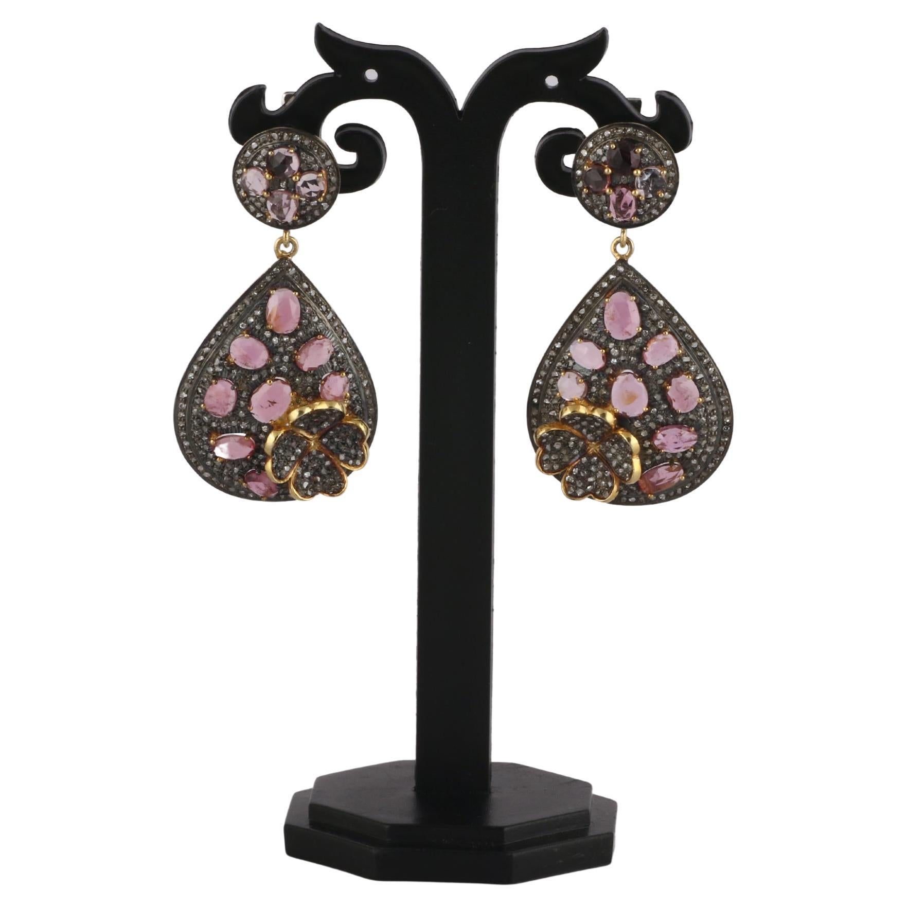 Victorian Style Diamond & Tourmaline Colorful Silver Dangle Earrings