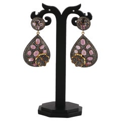 Victorian Style Diamond & Tourmaline Colorful Silver Dangle Earrings