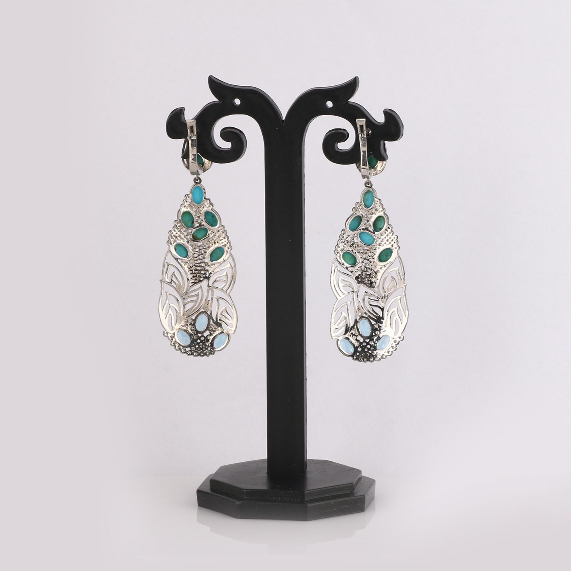 Round Cut Victorian Style Diamond Turquoise & Blue Topaz Silver Dangle Earrings For Sale