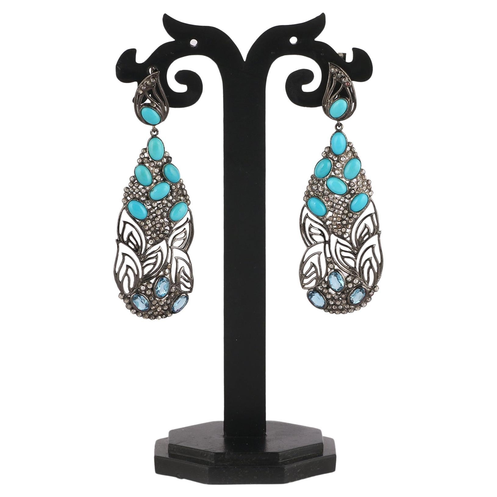 Victorian Style Diamond Turquoise & Blue Topaz Silver Dangle Earrings For Sale
