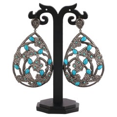 Victorian Style Diamond & Turquoise Silver Dangle Earrings For Women