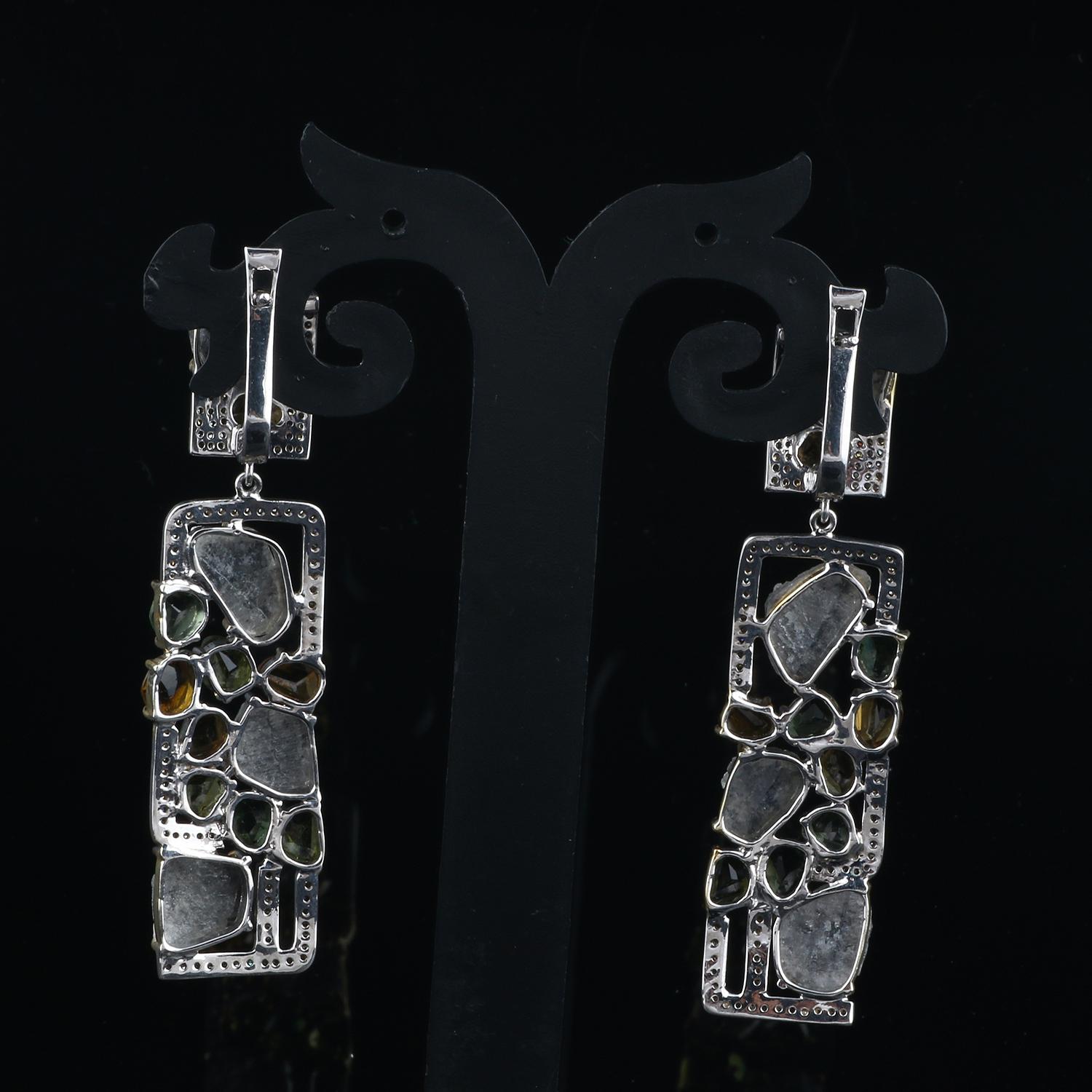 Round Cut Victorian Style Dimaond Dangle Earrings, Antique Tourmaline Silver Earrings For Sale
