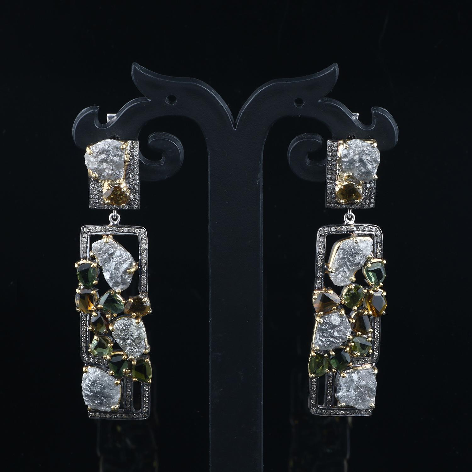 Victorian Style Dimaond Dangle Earrings, Antique Tourmaline Silver Earrings In New Condition For Sale In Jaipur, RJ