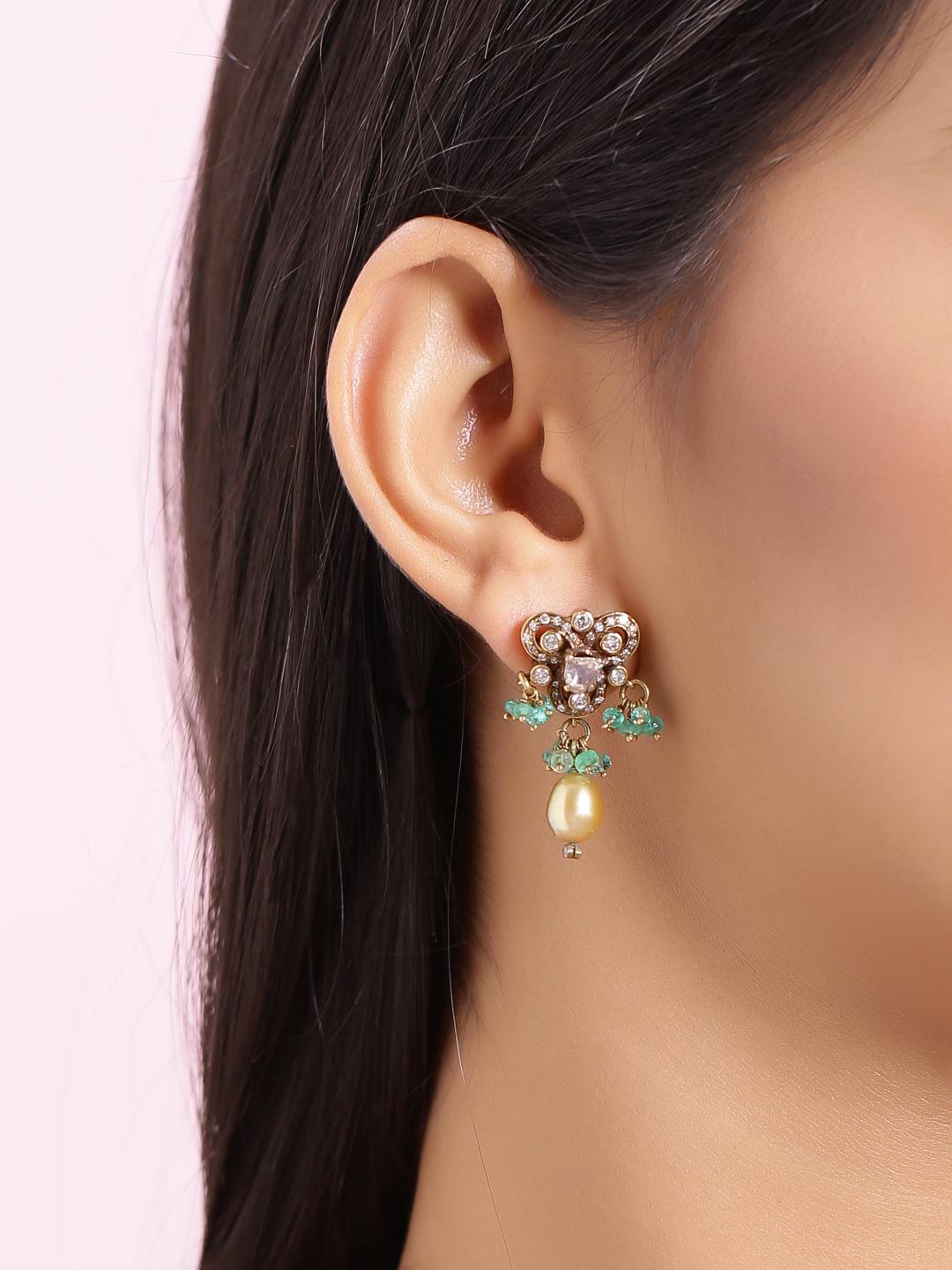 Round Cut Victorian Style Earring with Diamonds Emerald Beads and Pearl in Gold For Sale