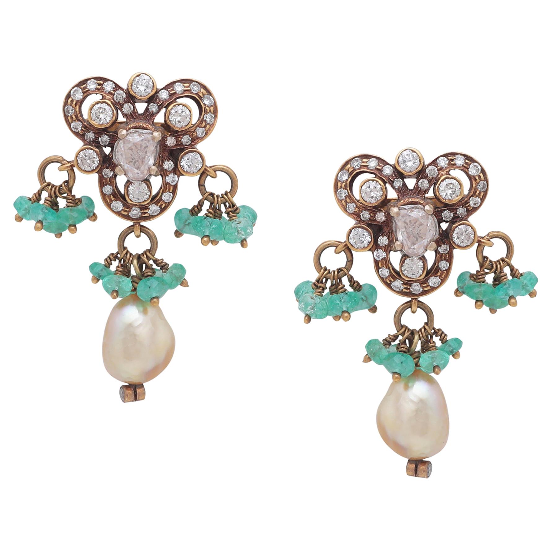 Victorian Style Earring with Diamonds Emerald Beads and Pearl in Gold For Sale