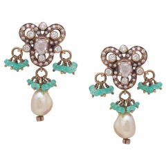 Victorian Style Earring with Diamonds Emerald Beads and Pearl in Gold