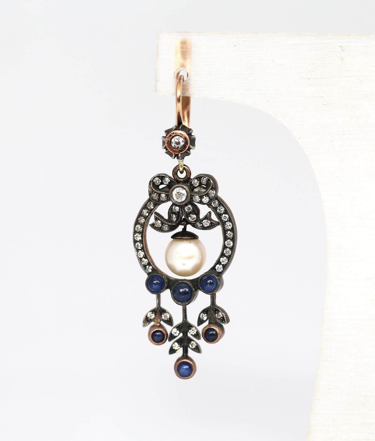 Victorian Style Earrings Pearls Cabochon Sapphires Gold, 1960 In Good Condition In Herzelia, Tel Aviv