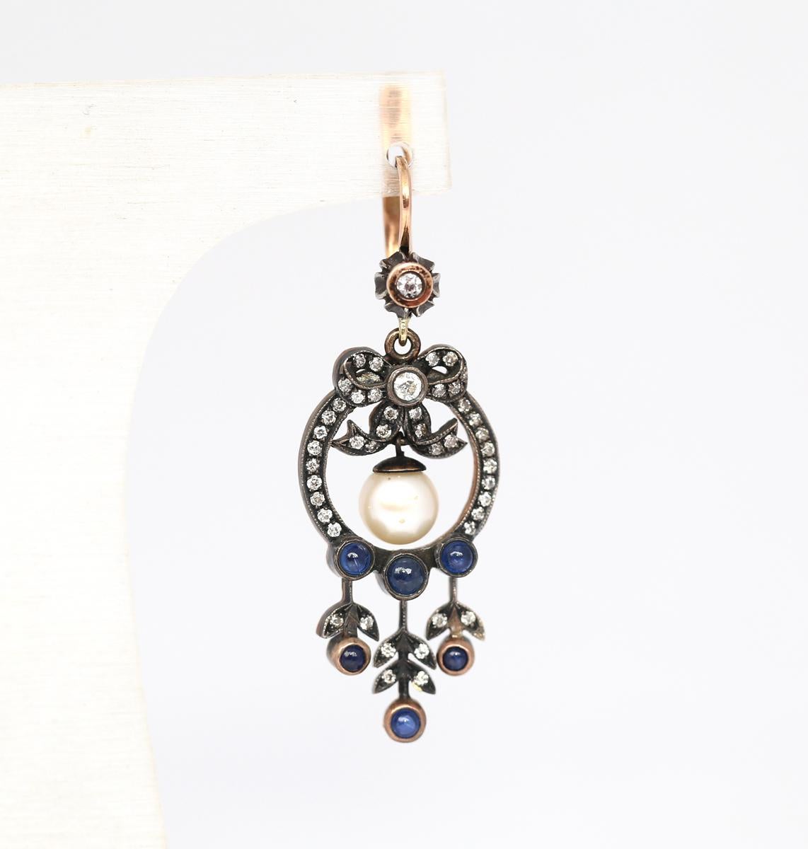 Women's Victorian Style Earrings Pearls Cabochon Sapphires Gold, 1960