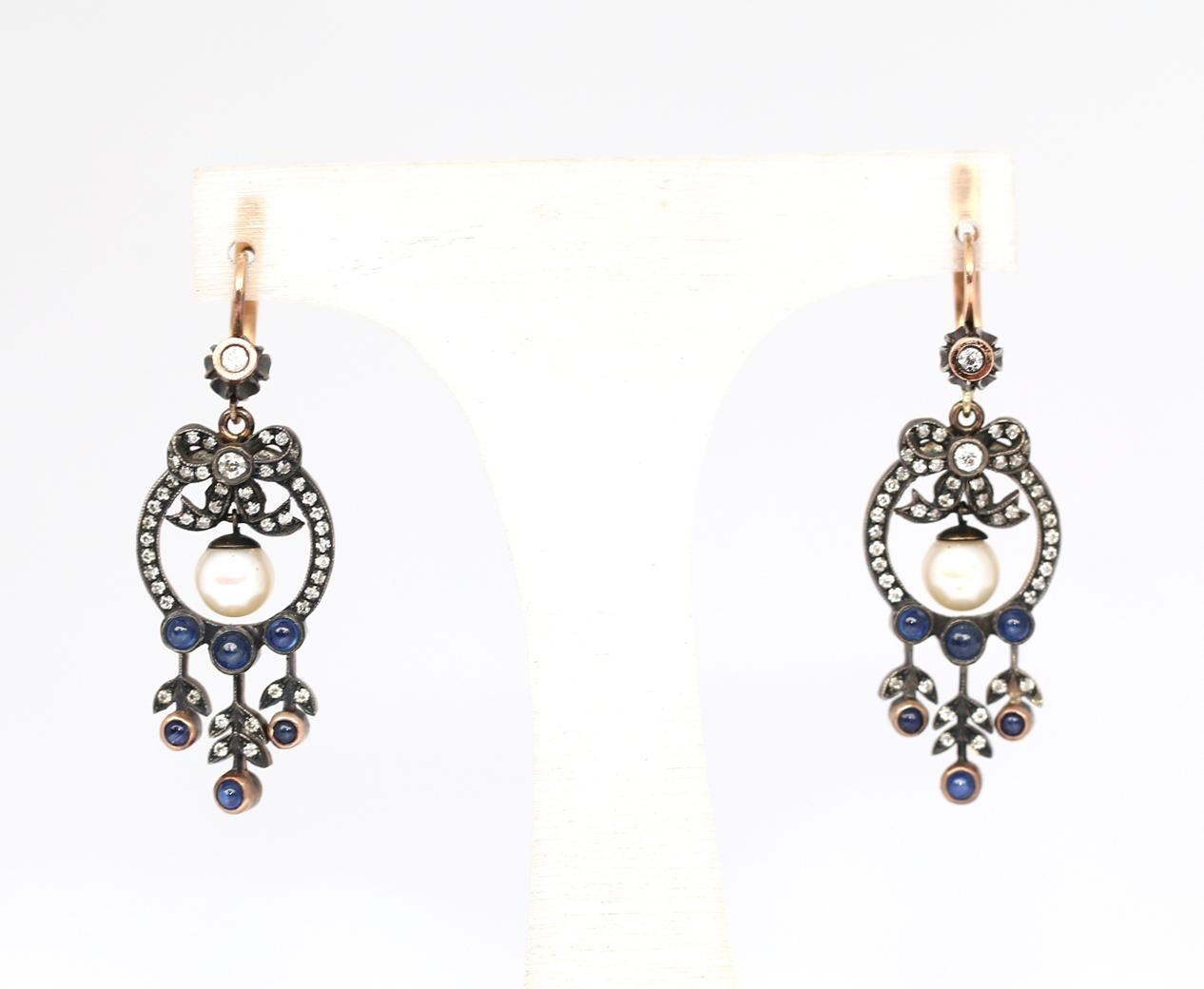 Victorian Style Earrings Pearls Cabochon Sapphires Gold, 1960 1