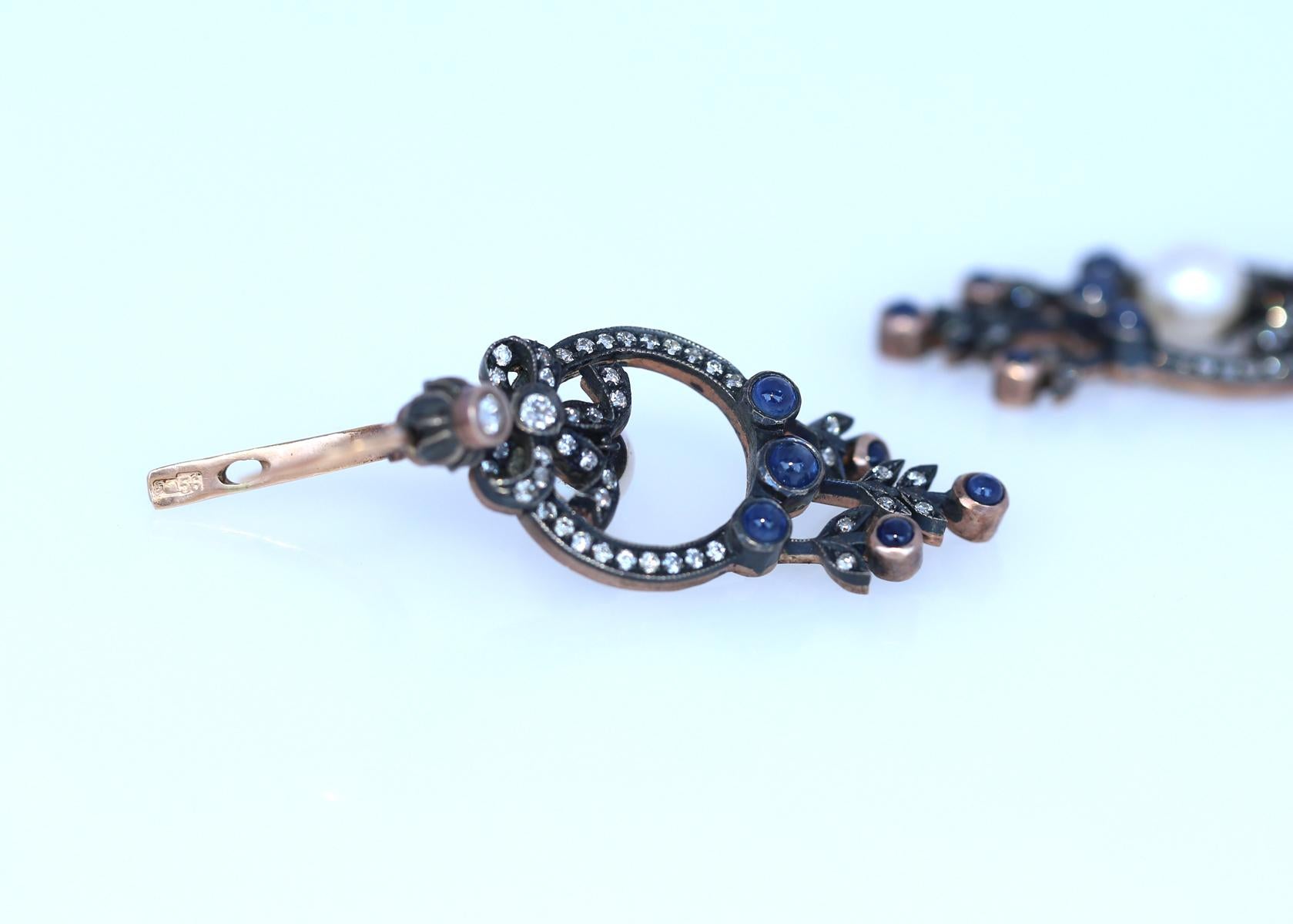 Victorian Style Earrings Pearls Cabochon Sapphires Gold, 1960 4