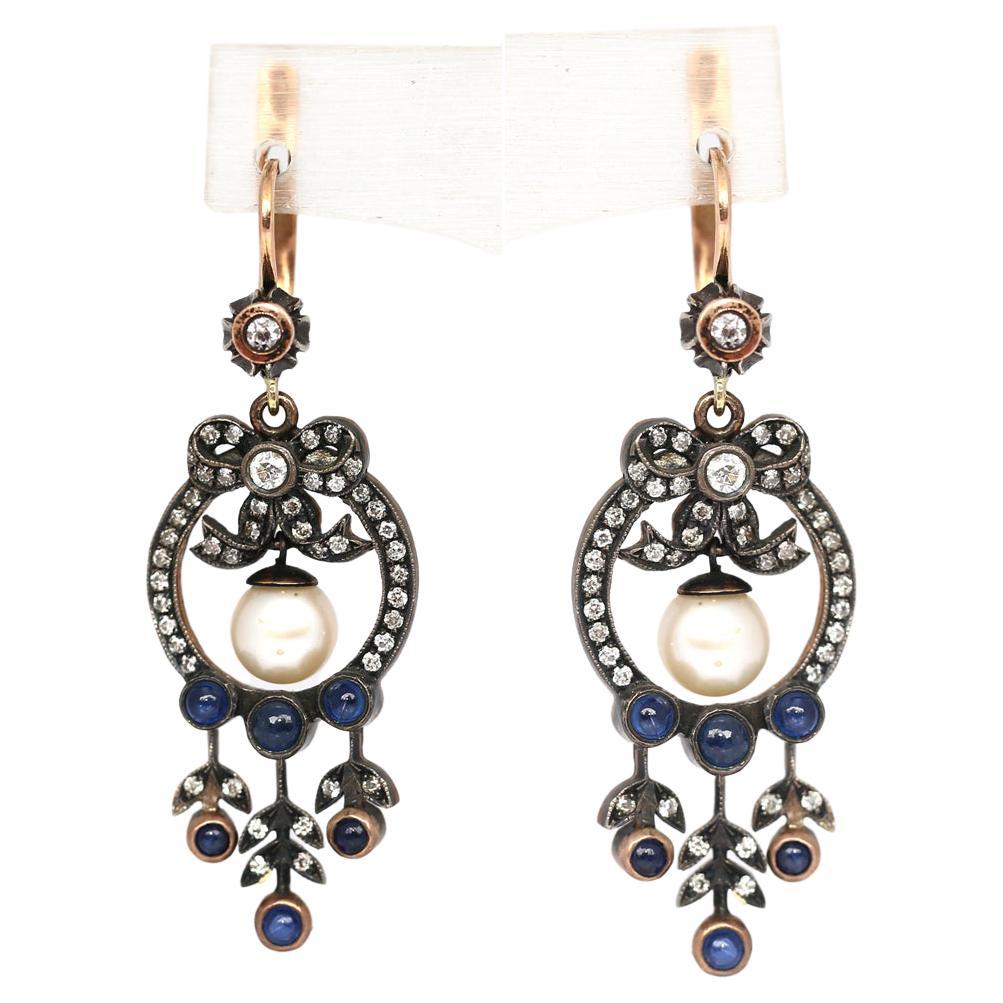 Victorian Style Earrings Pearls Cabochon Sapphires Gold, 1960