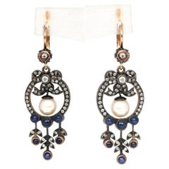 Victorian Style Earrings Pearls Cabochon Sapphires Gold, 1960