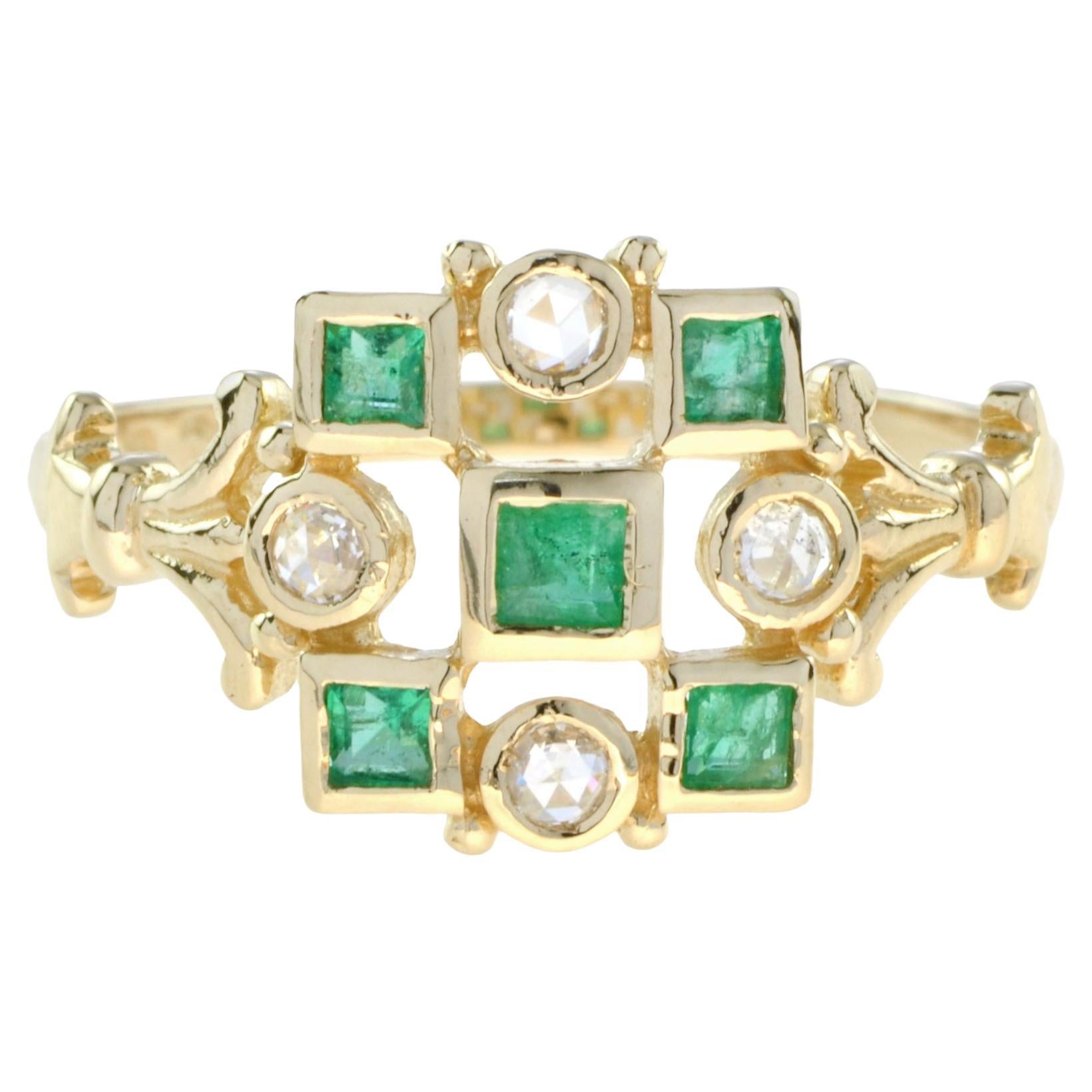 For Sale:  Victorian Style Emerald and Diamond Cluster Ring in 14K Yellow Gold