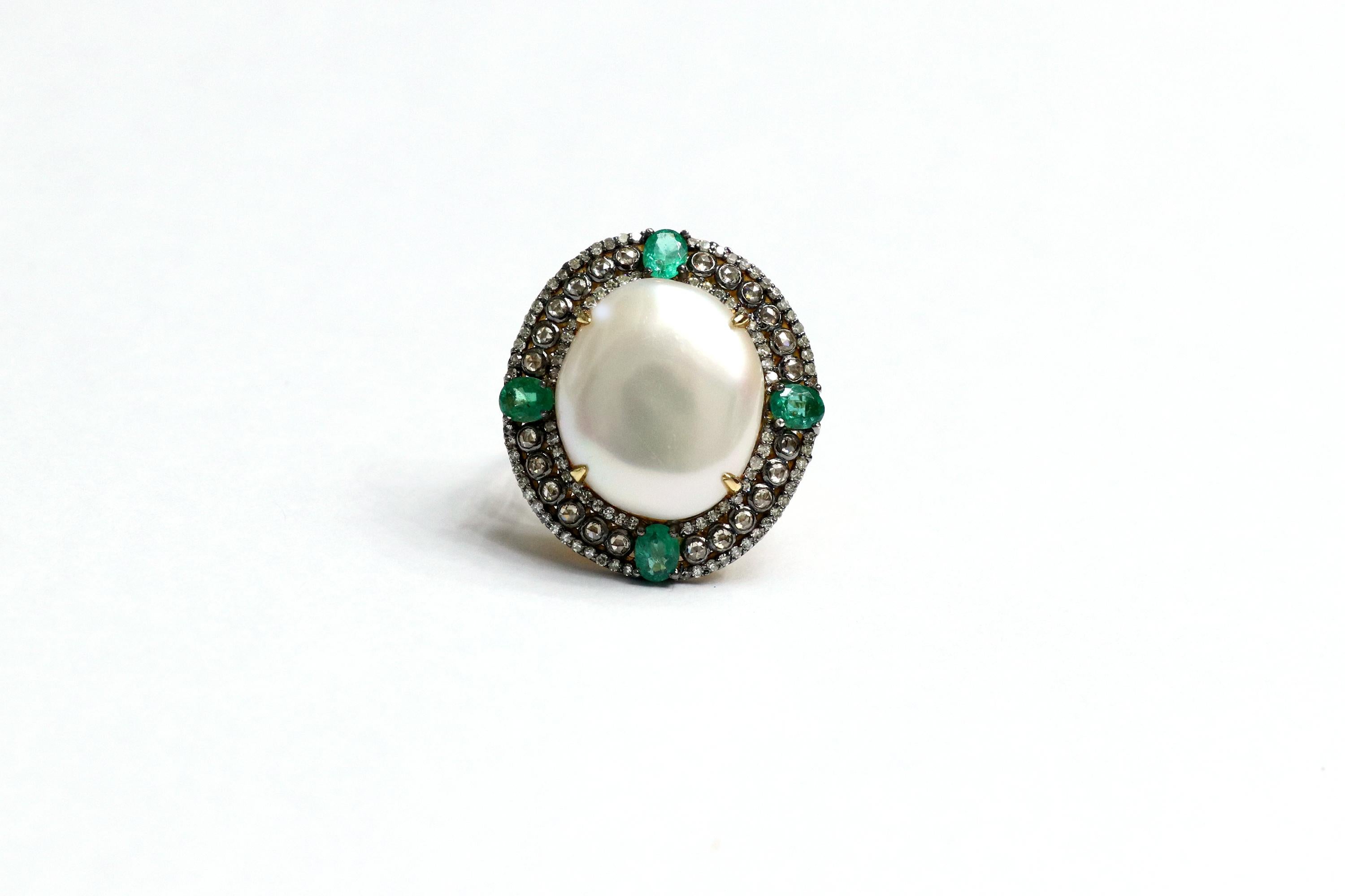 Oval Cut Victorian Style Emerald, Diamond, and Pearl Statement Ring